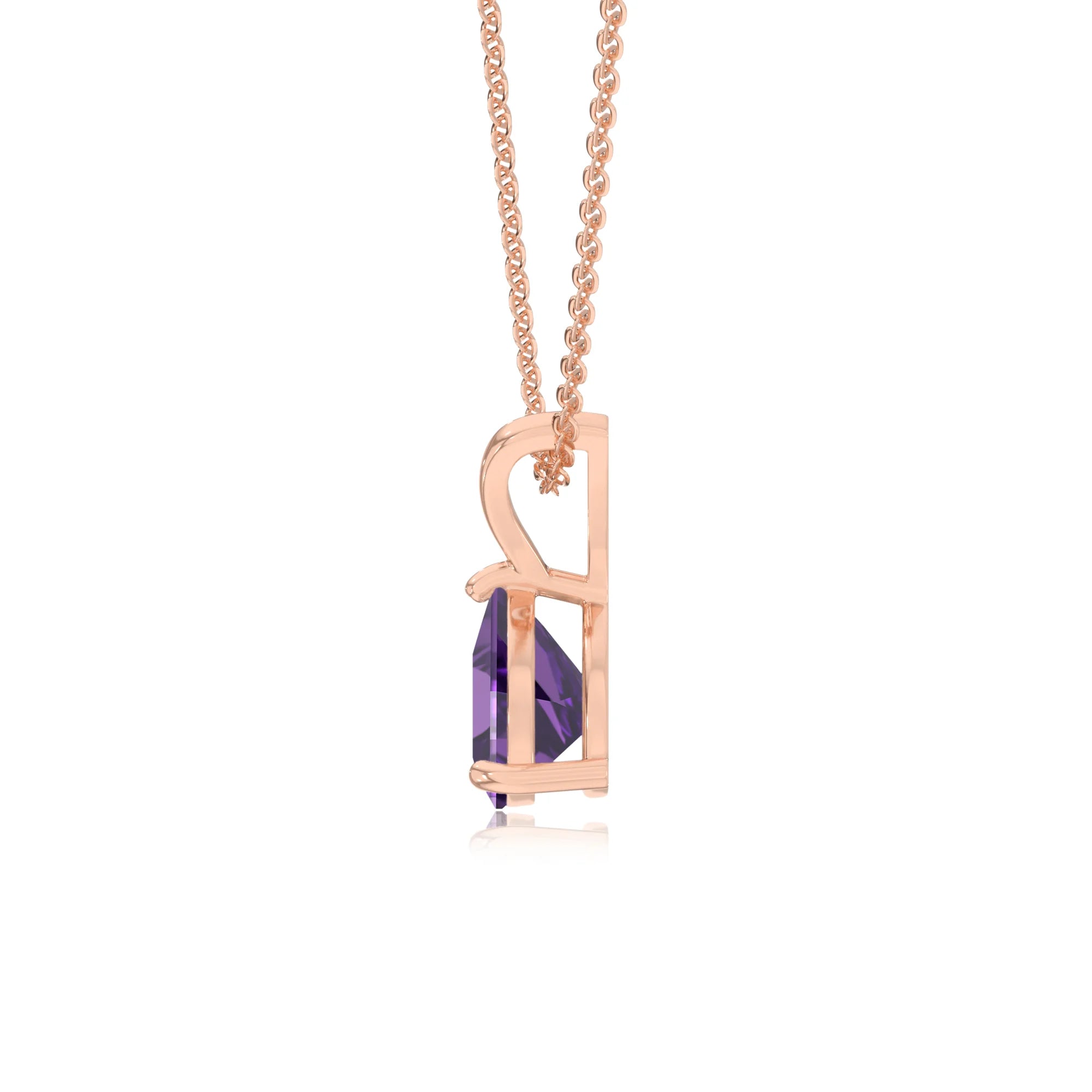 lab grown amethyst trillion solitaire v-bale necklaces in rose gold 