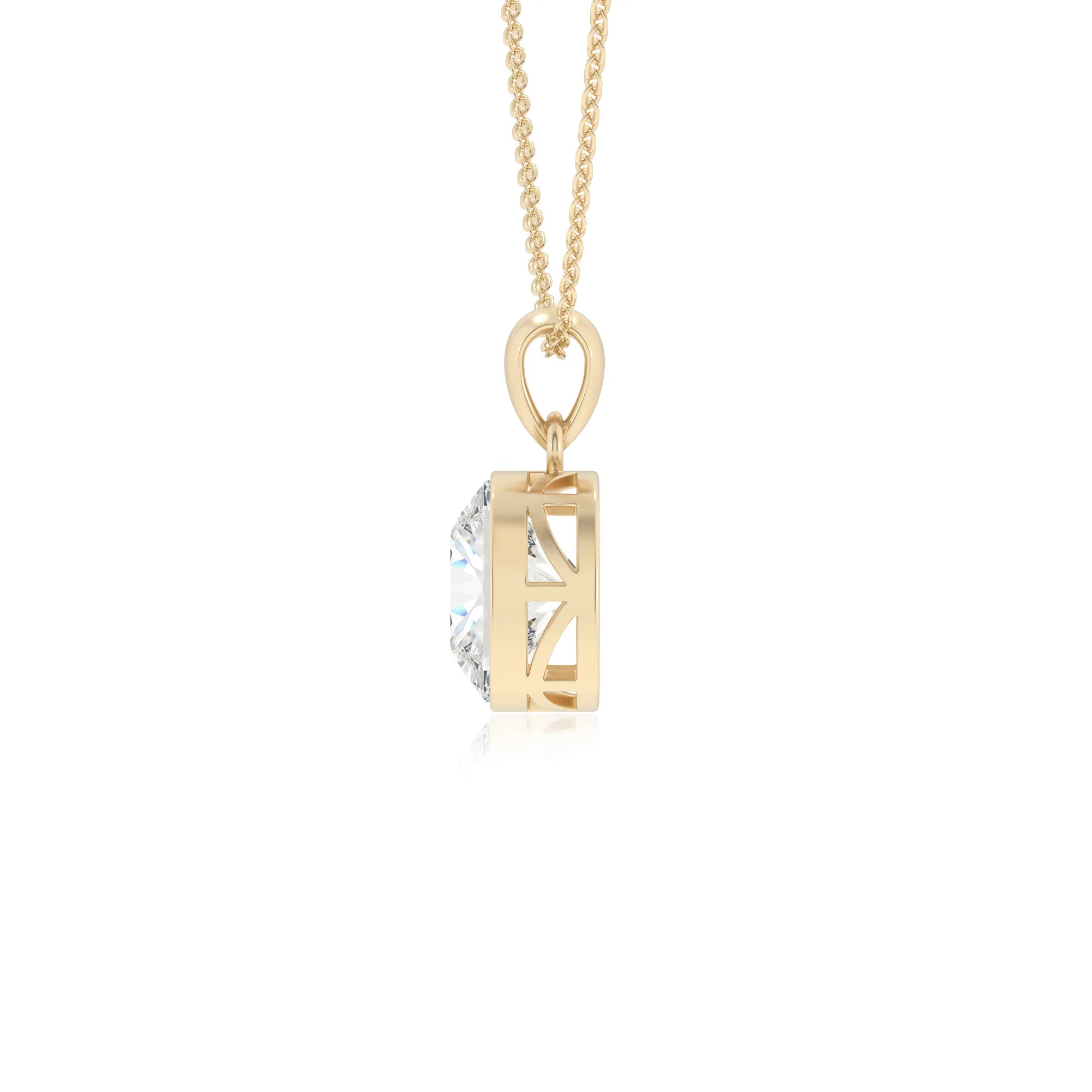 lab grown moissanite cushion solitaire necklaces in yellow gold 