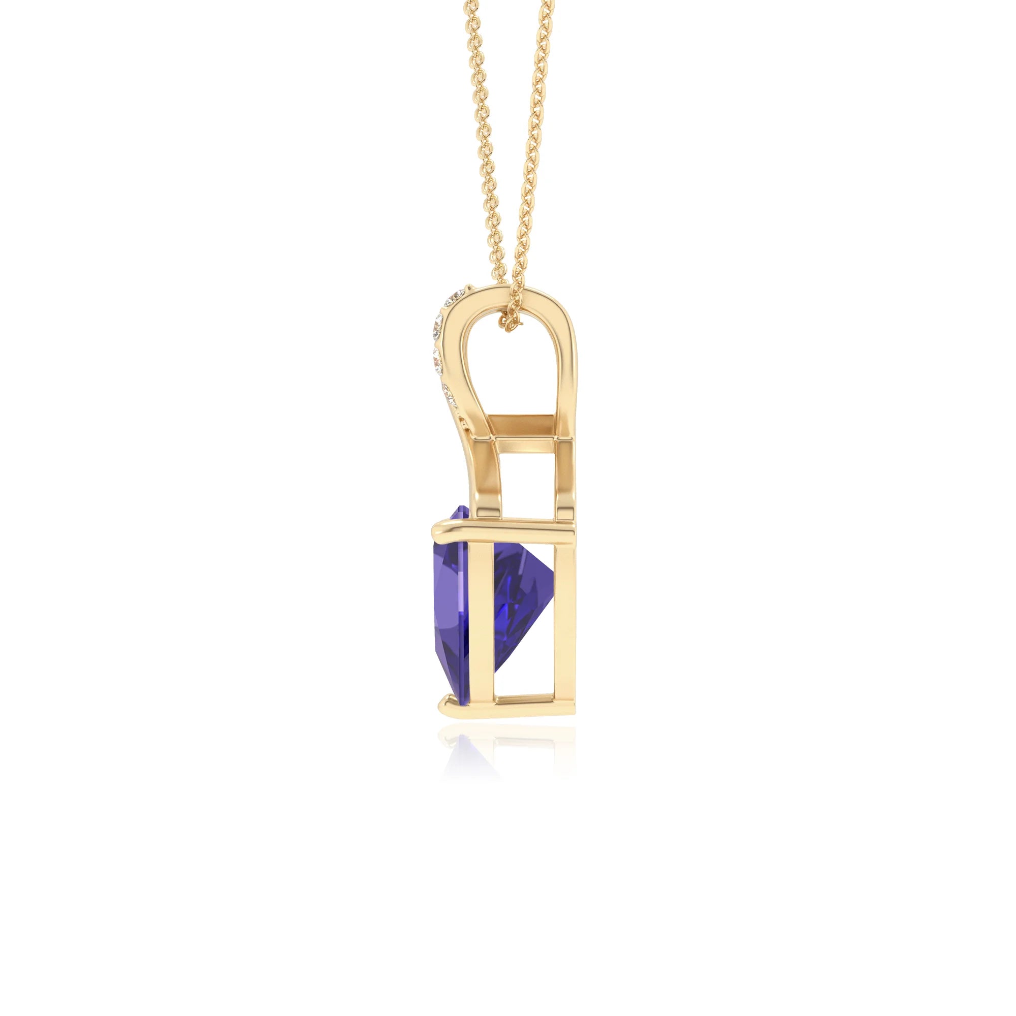lab grown tanzanite trillion solitaire necklaces in yellow gold 