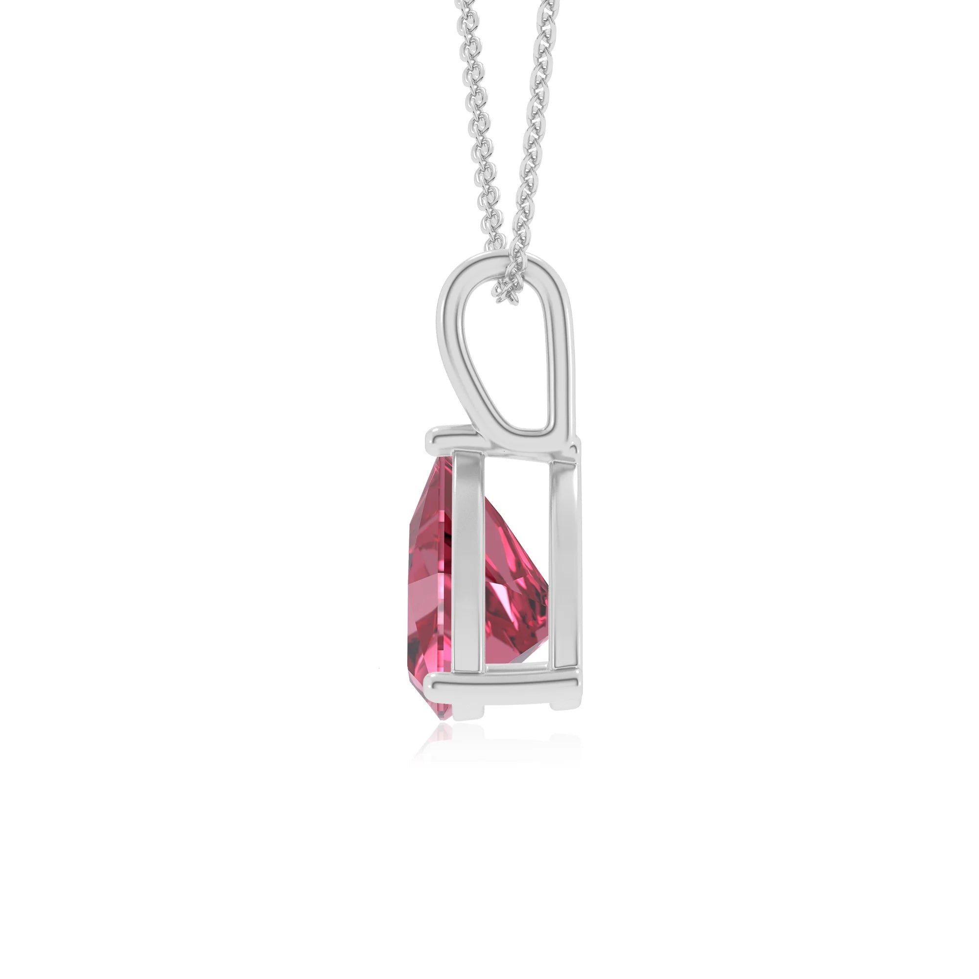 lab grown pink-tourmaline trillion solitaire necklaces in white gold 
