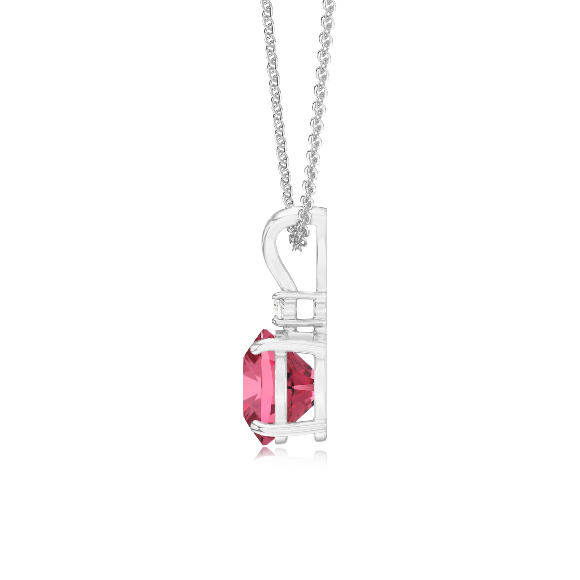 lab grown pink-tourmaline cushion solitaire v-bale necklaces in platinum 