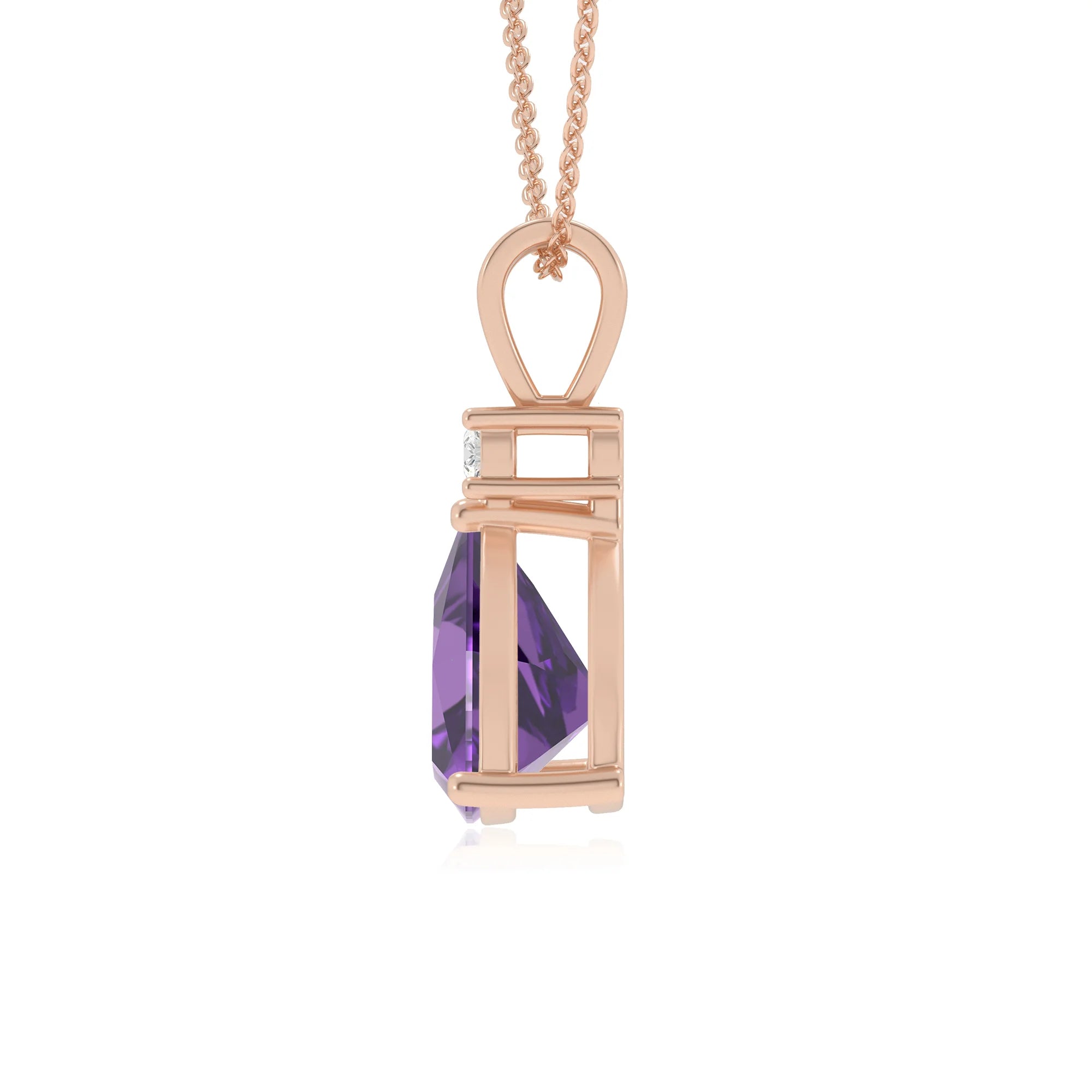 lab grown amethyst trillion solitaire v-bale necklaces in rose gold 