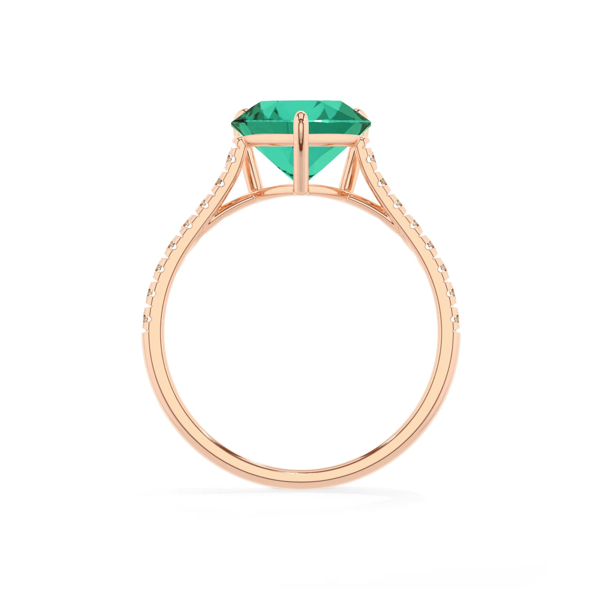 lab grown emerald heart half eternity solitaire engagement rings in rose gold 