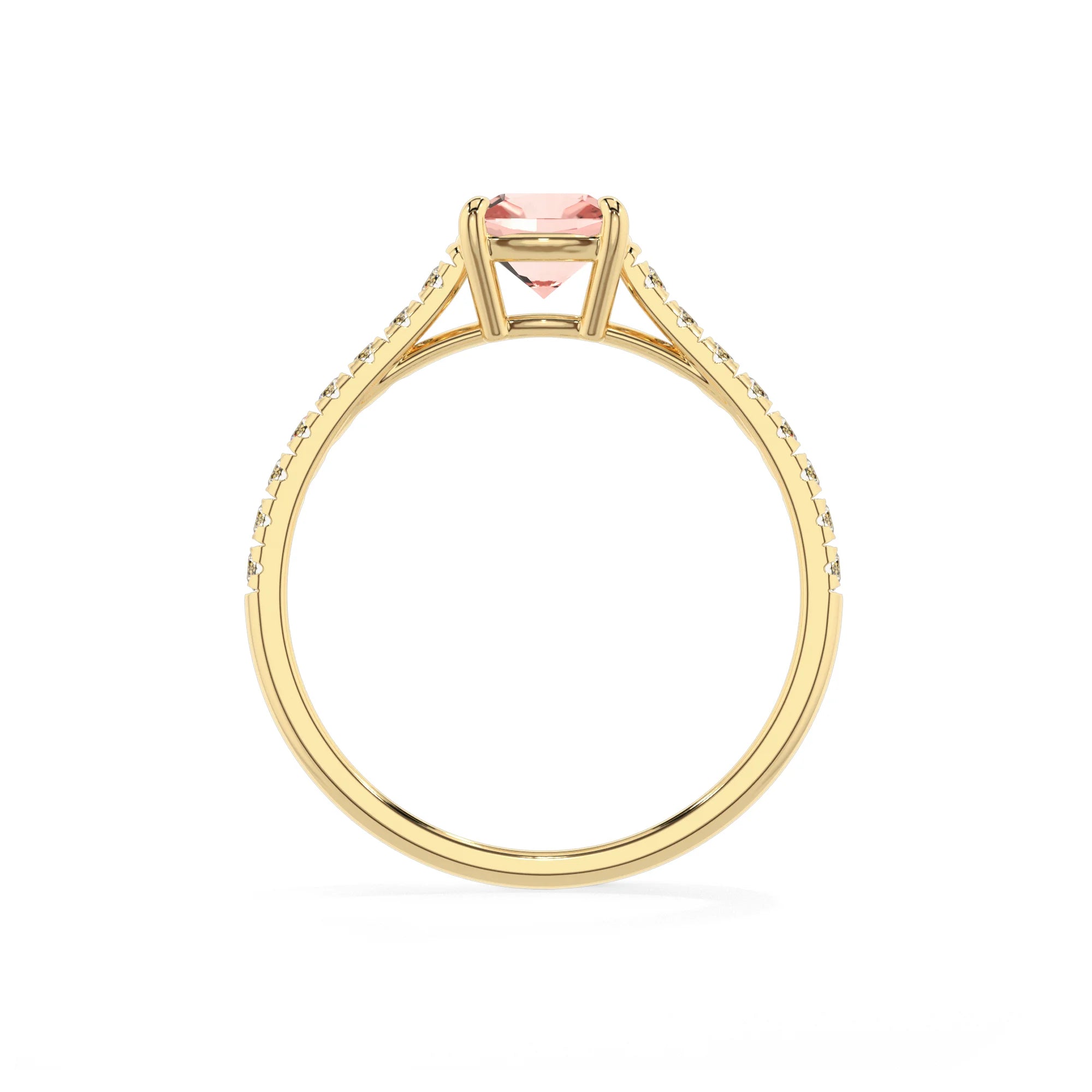 lab grown morganite cushion half eternity solitaire engagement rings in yellow gold 