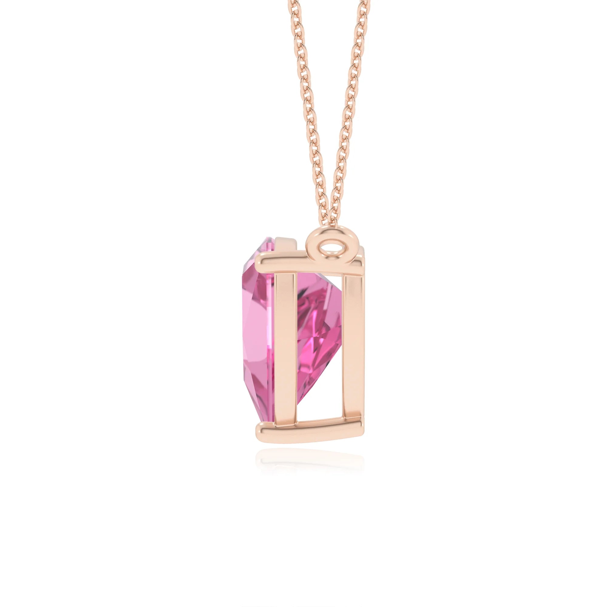 lab grown pink-sapphire trillion solitaire necklaces in rose gold 