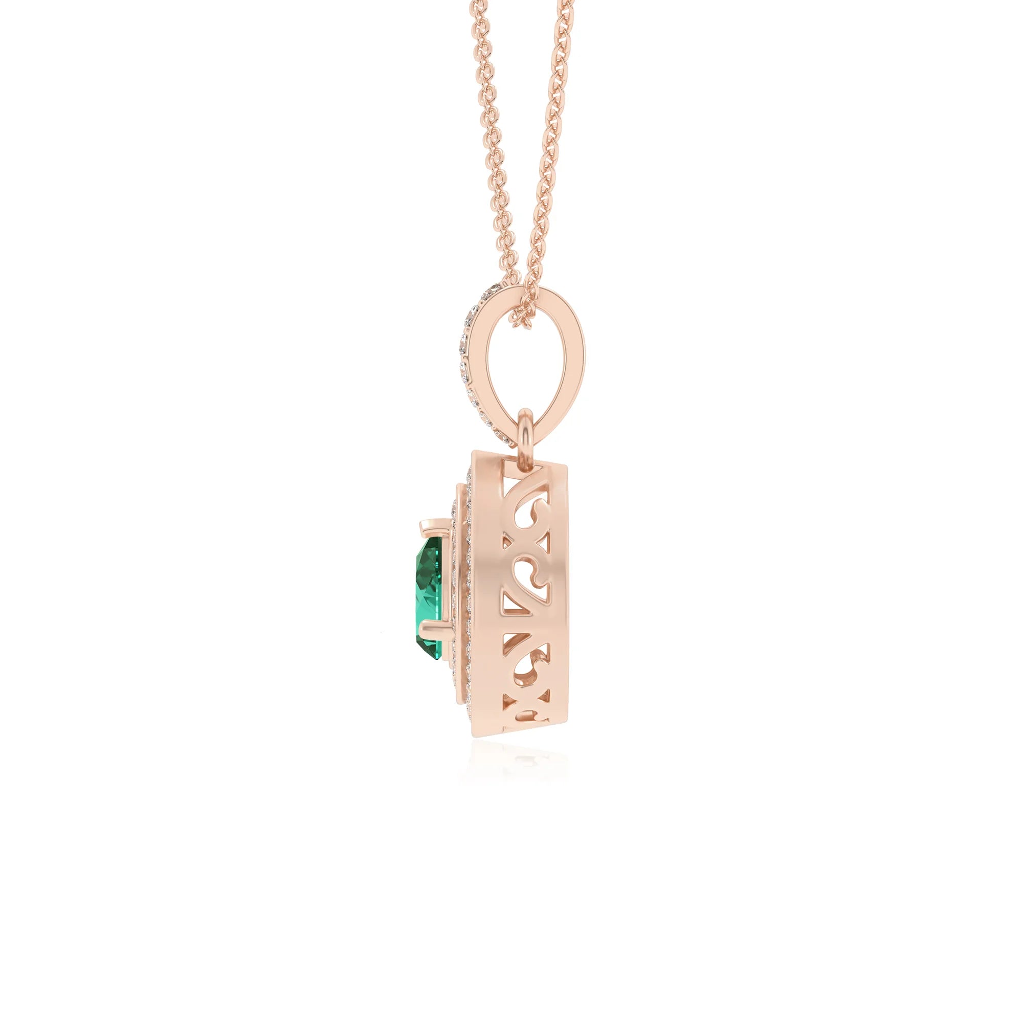 lab grown emerald pear halo necklaces in rose gold 