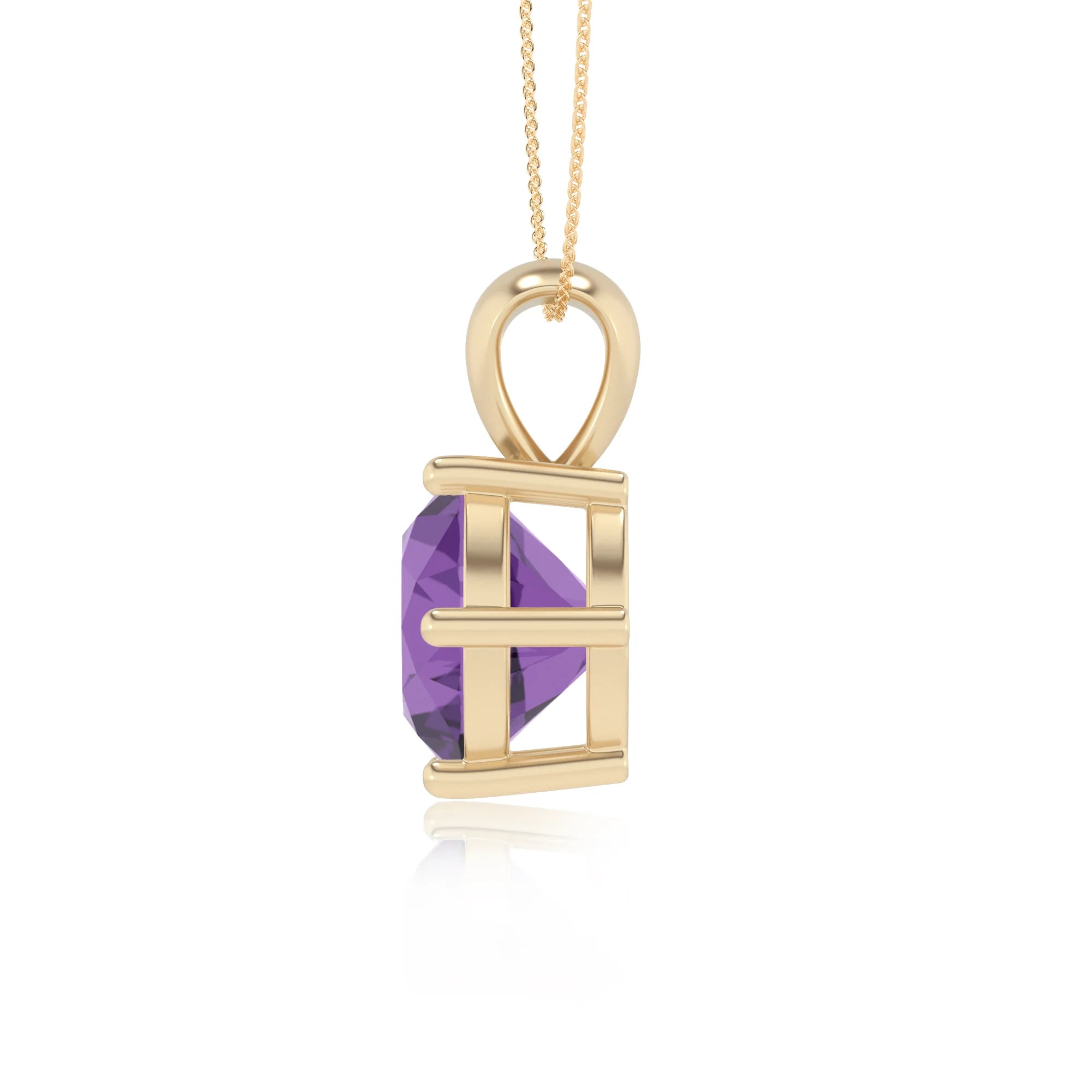 lab grown amethyst round solitaire necklaces in yellow gold 