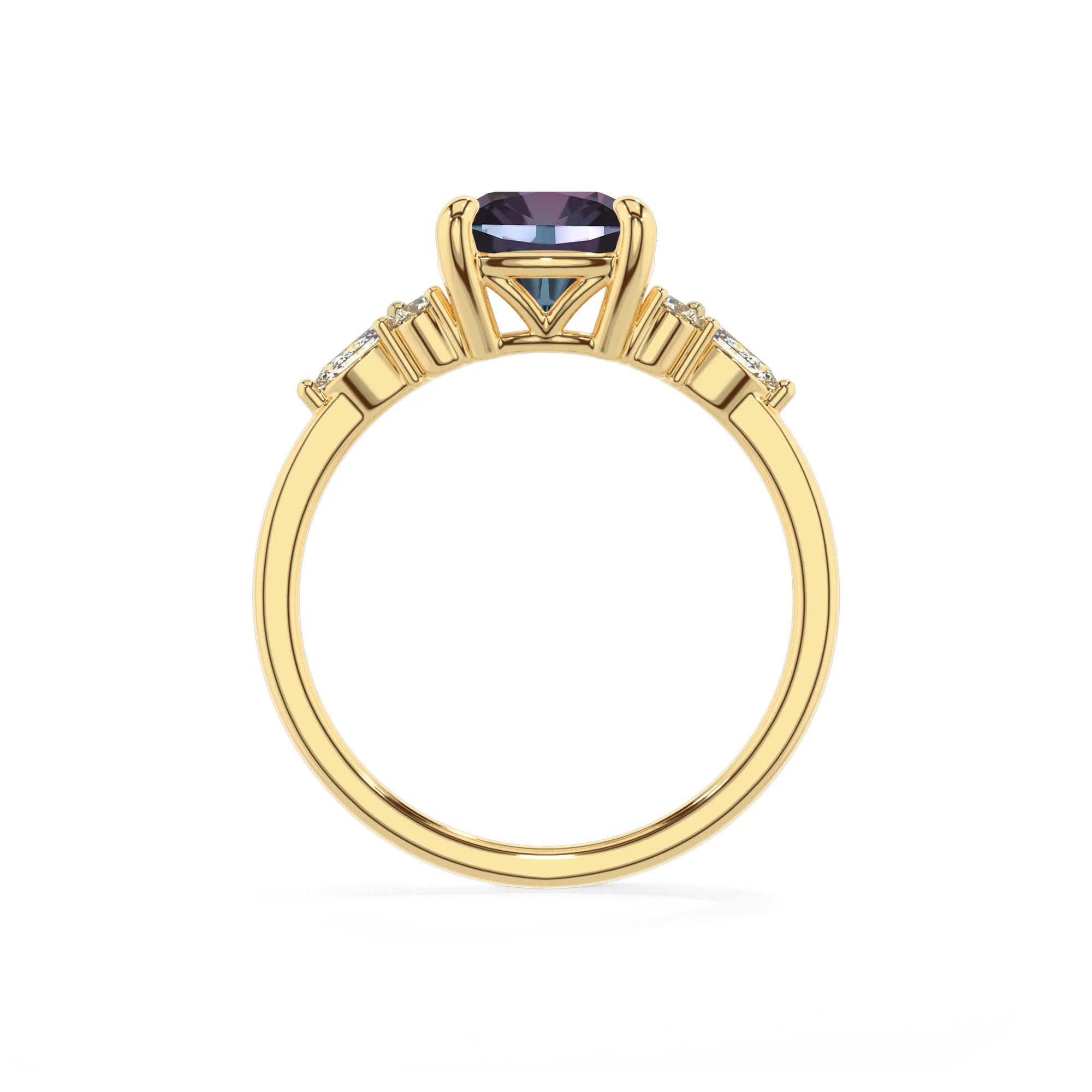 lab grown alexandrite cushion solitaire rings in yellow gold 