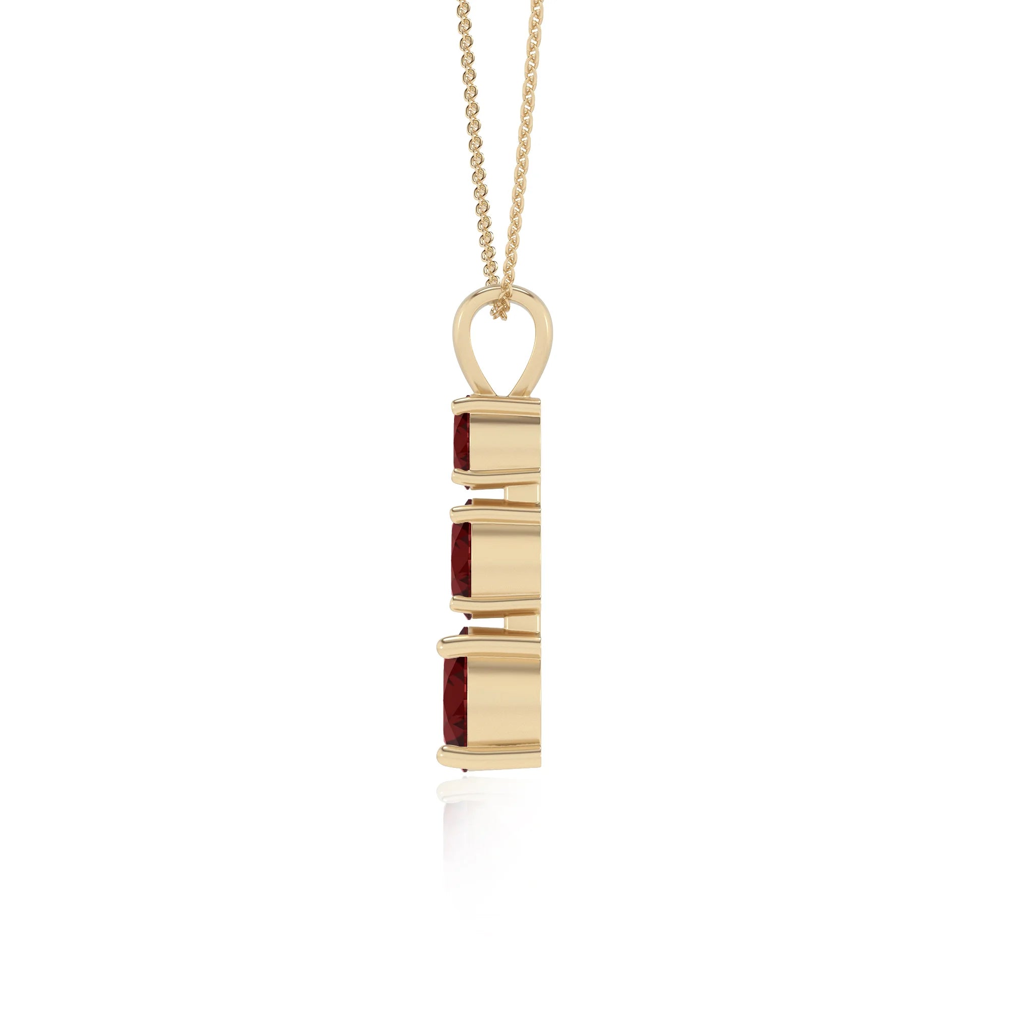 natural garnet round bar v-bale necklaces in yellow gold 