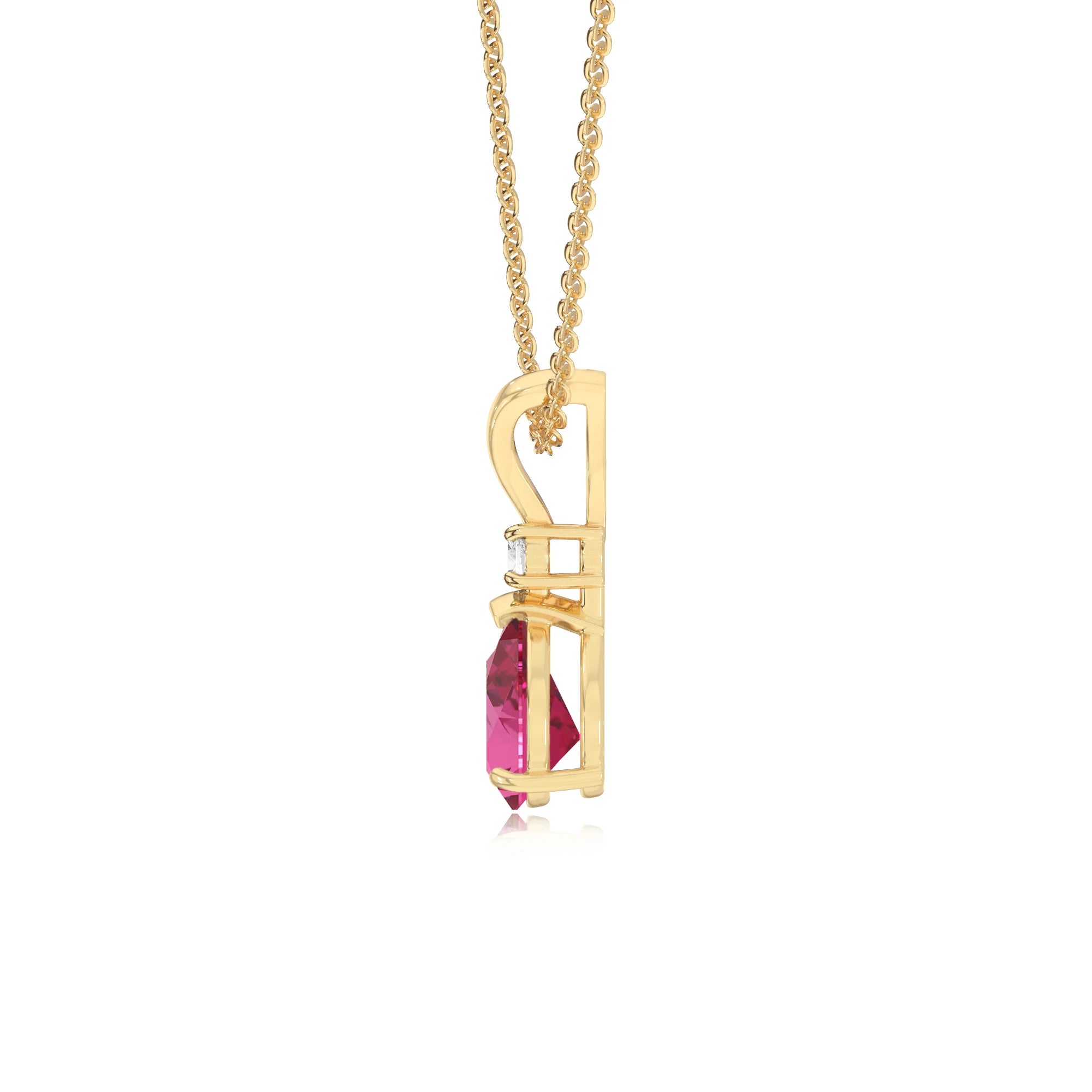 lab grown pink-sapphire pear solitaire v-bale necklaces in yellow gold 
