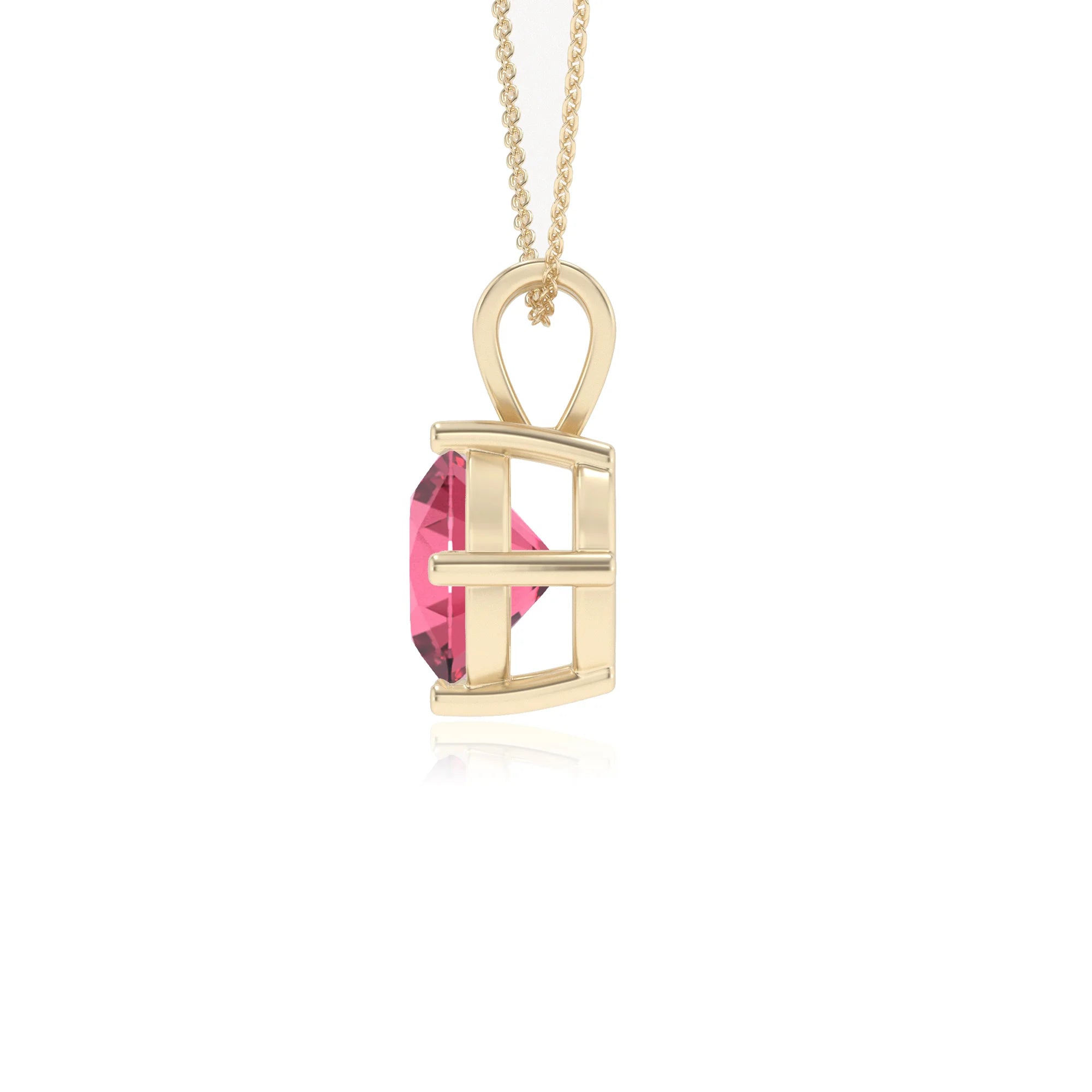 lab grown pink-tourmaline round solitaire v-bale necklaces in yellow gold 