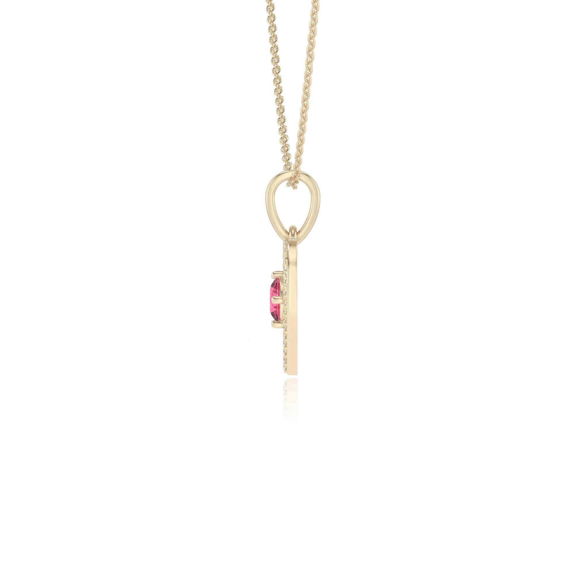 lab grown pink-tourmaline round infinity necklaces in yellow gold 