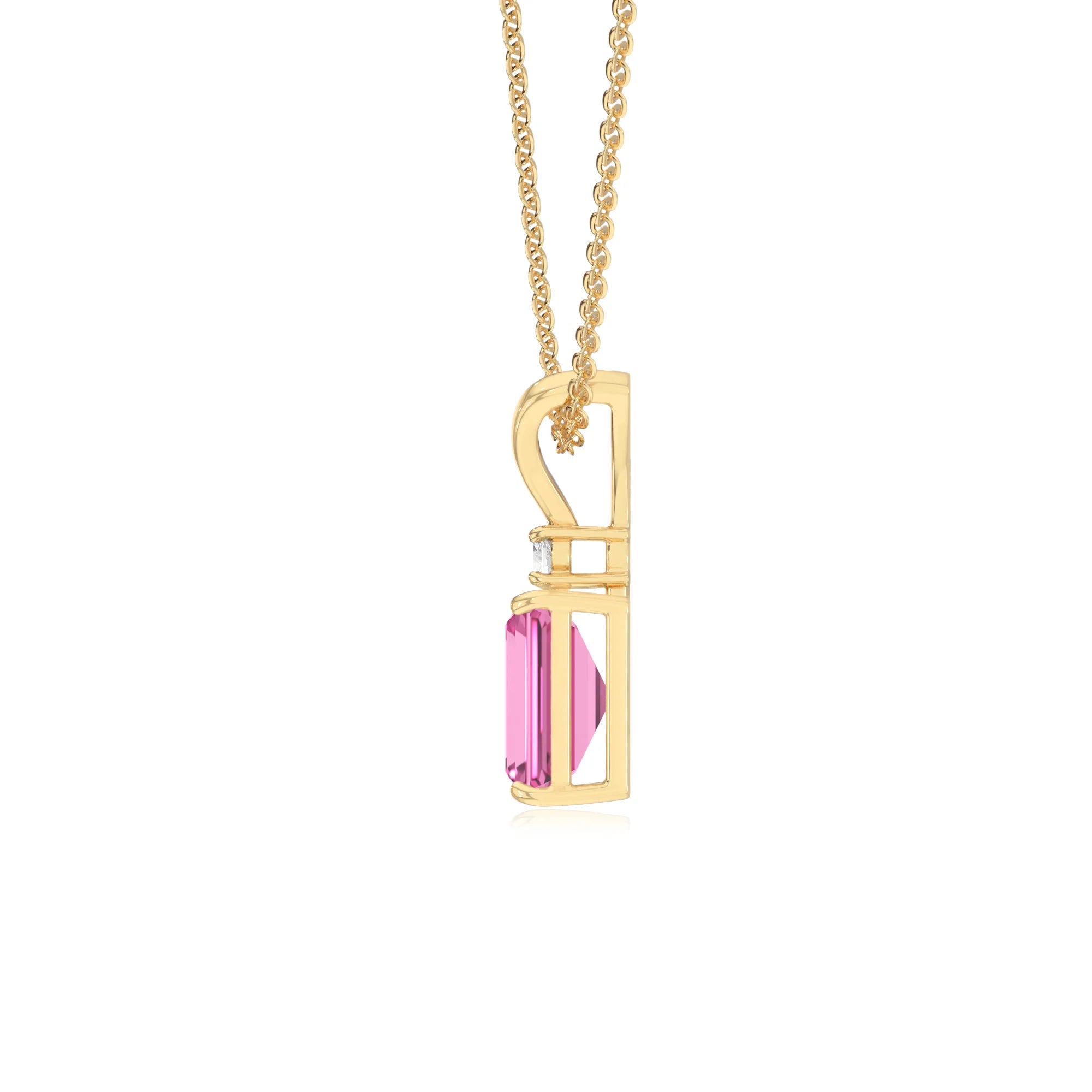 lab grown pink-sapphire emerald cut solitaire v-bale necklaces in yellow gold 