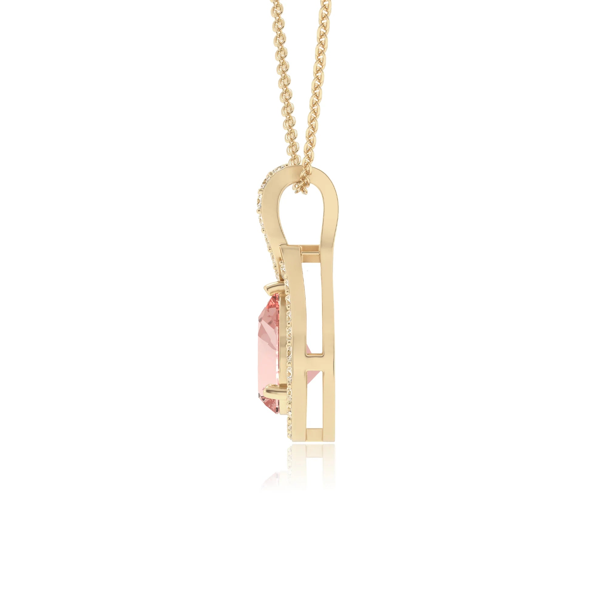 lab grown morganite pear solitaire necklaces in yellow gold 