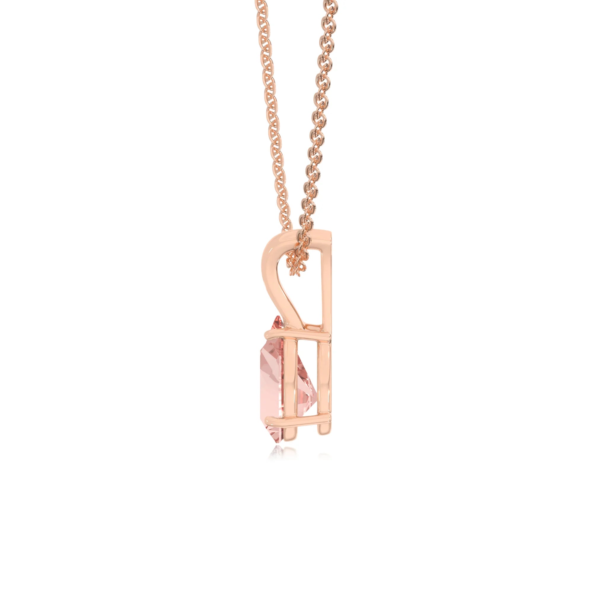 lab grown morganite pear solitaire v-bale necklaces in rose gold 