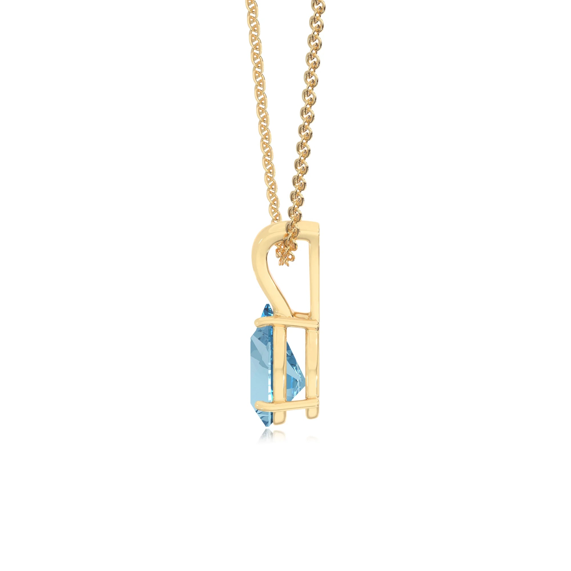 lab grown aquamarine pear solitaire v-bale necklaces in yellow gold 