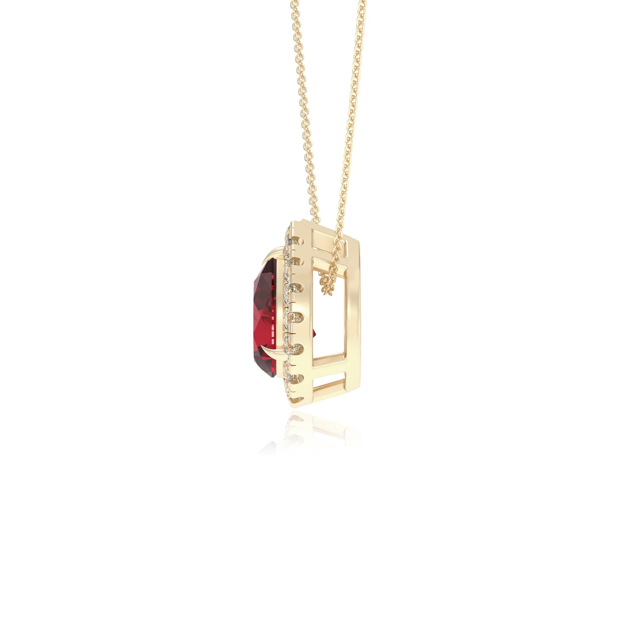 lab grown ruby pear solitaire necklaces in yellow gold 