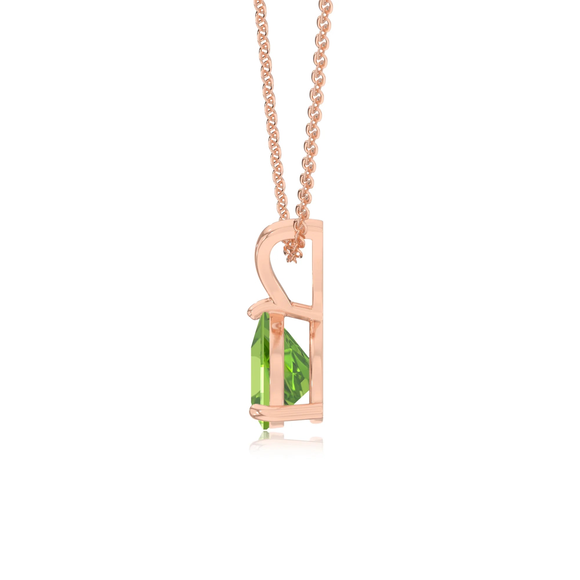 natural peridot trillion solitaire v-bale necklaces in rose gold 
