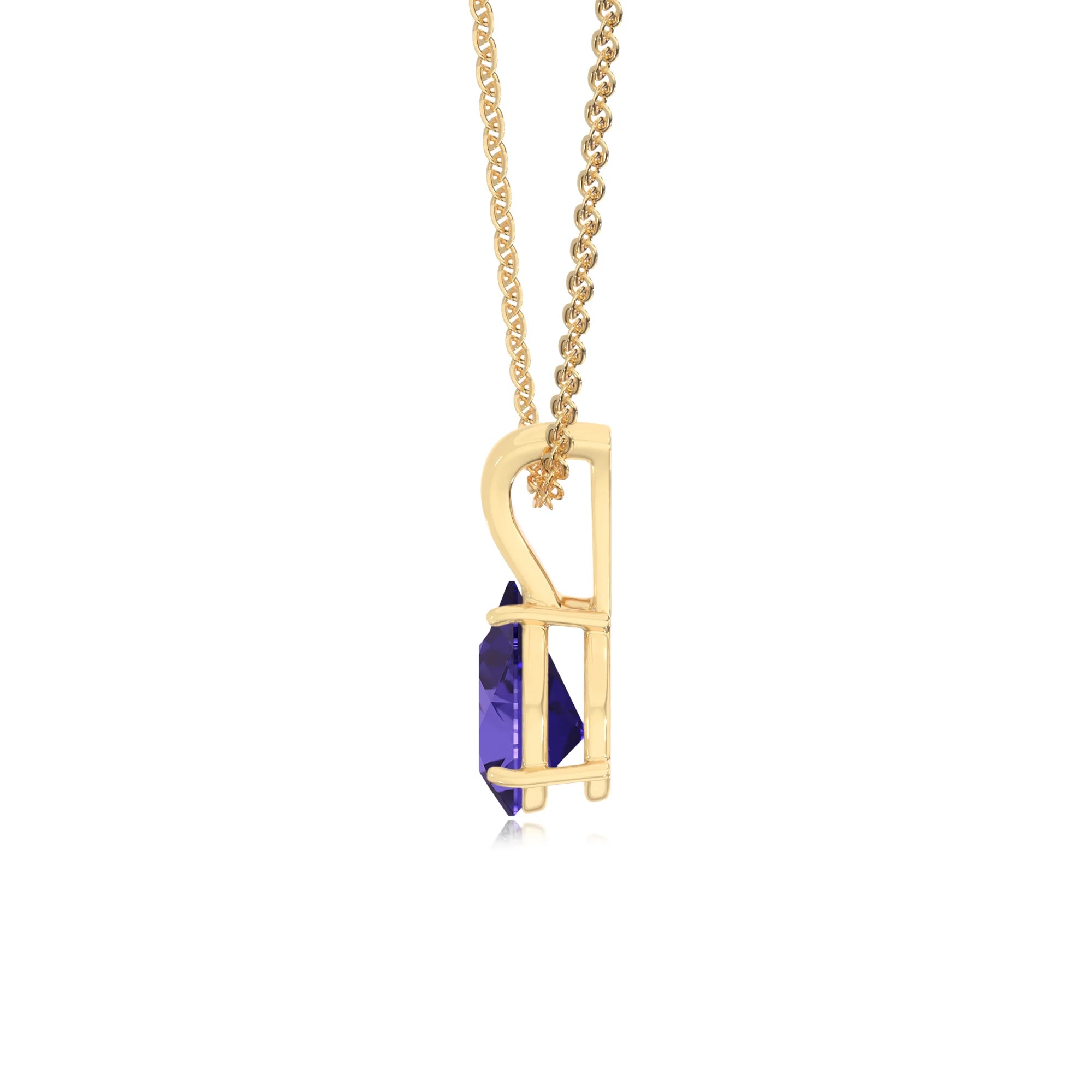 lab grown tanzanite pear solitaire v-bale necklaces in yellow gold 