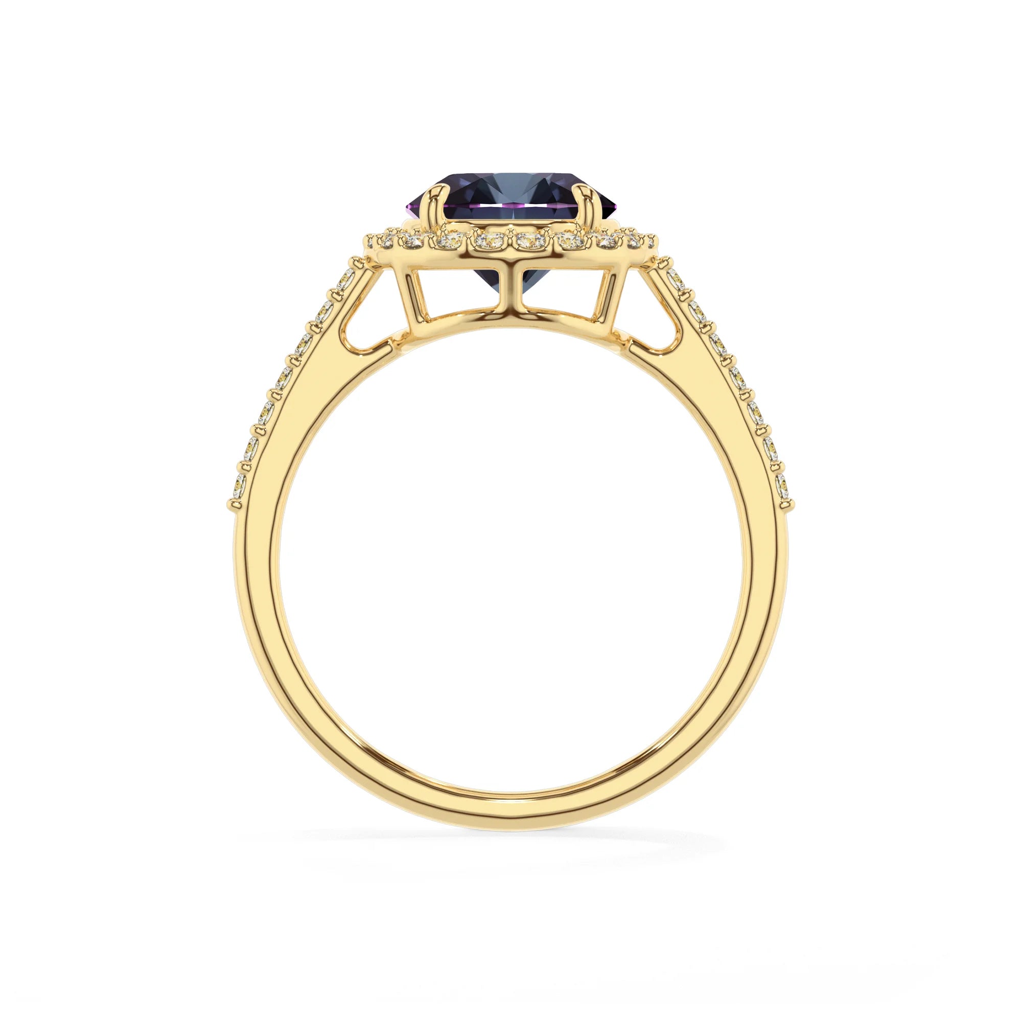lab grown alexandrite round solitaire rings in yellow gold 