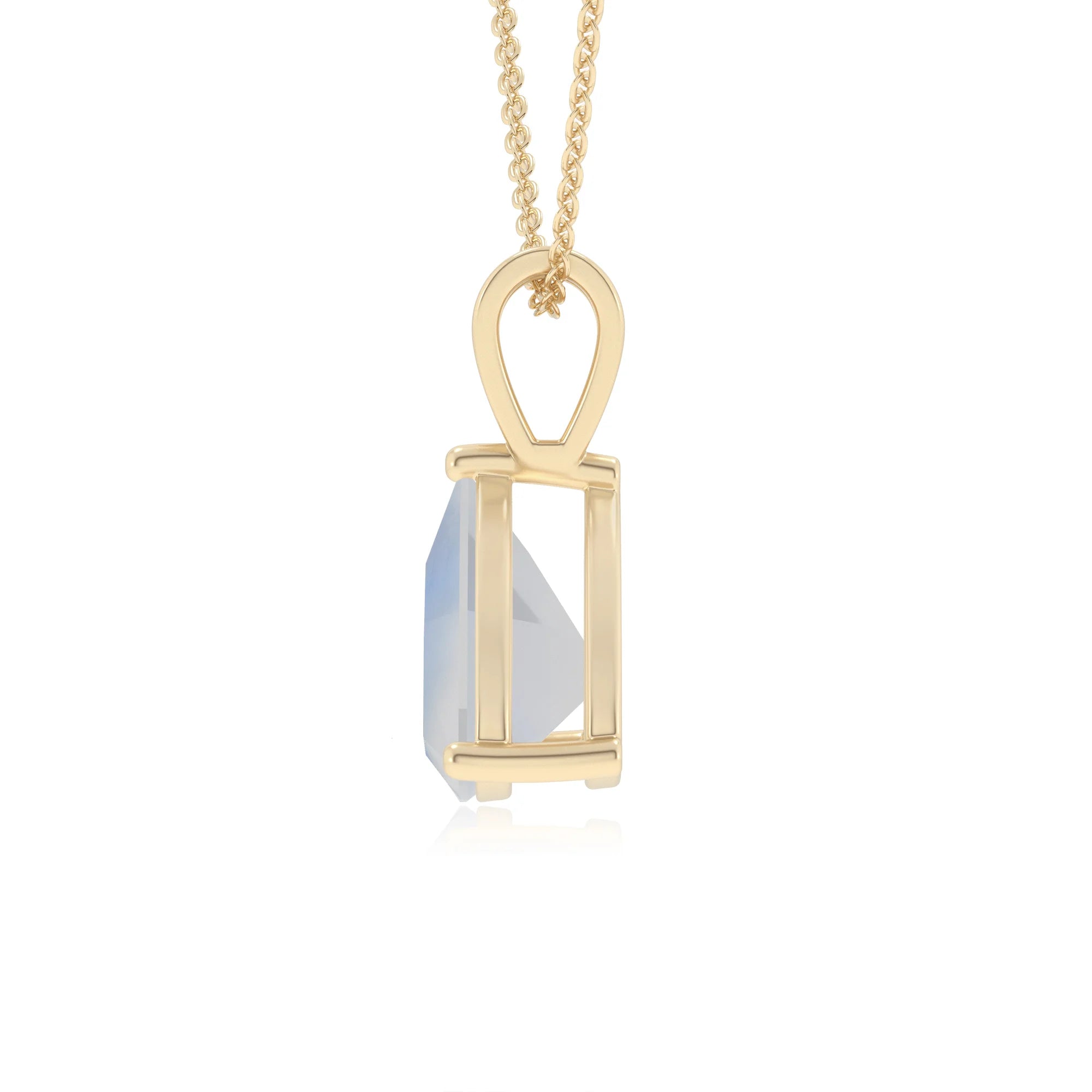 natural rainbow-moonstone trillion solitaire v-bale necklaces in yellow gold 