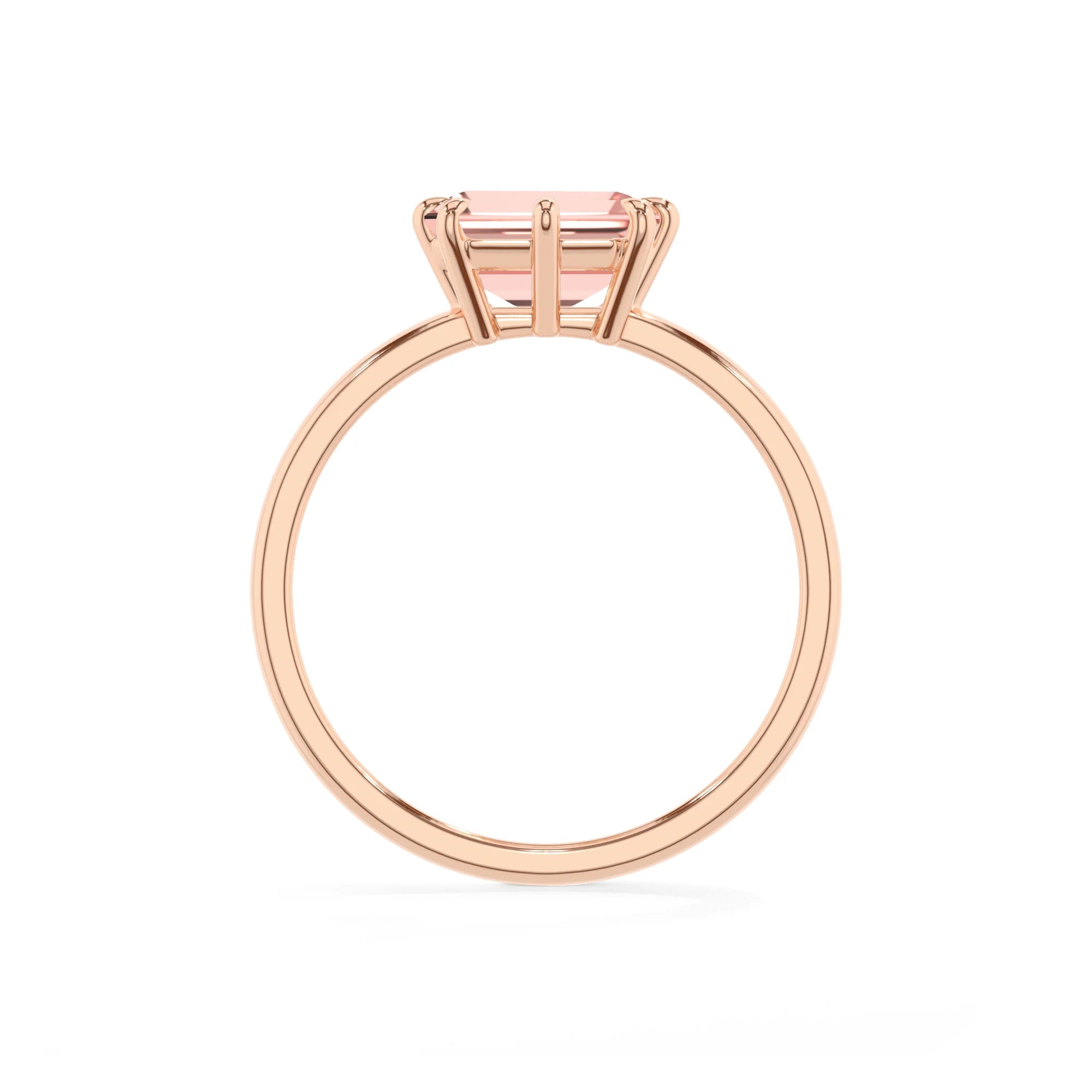 lab grown morganite emerald cut solitaire rings in rose gold 