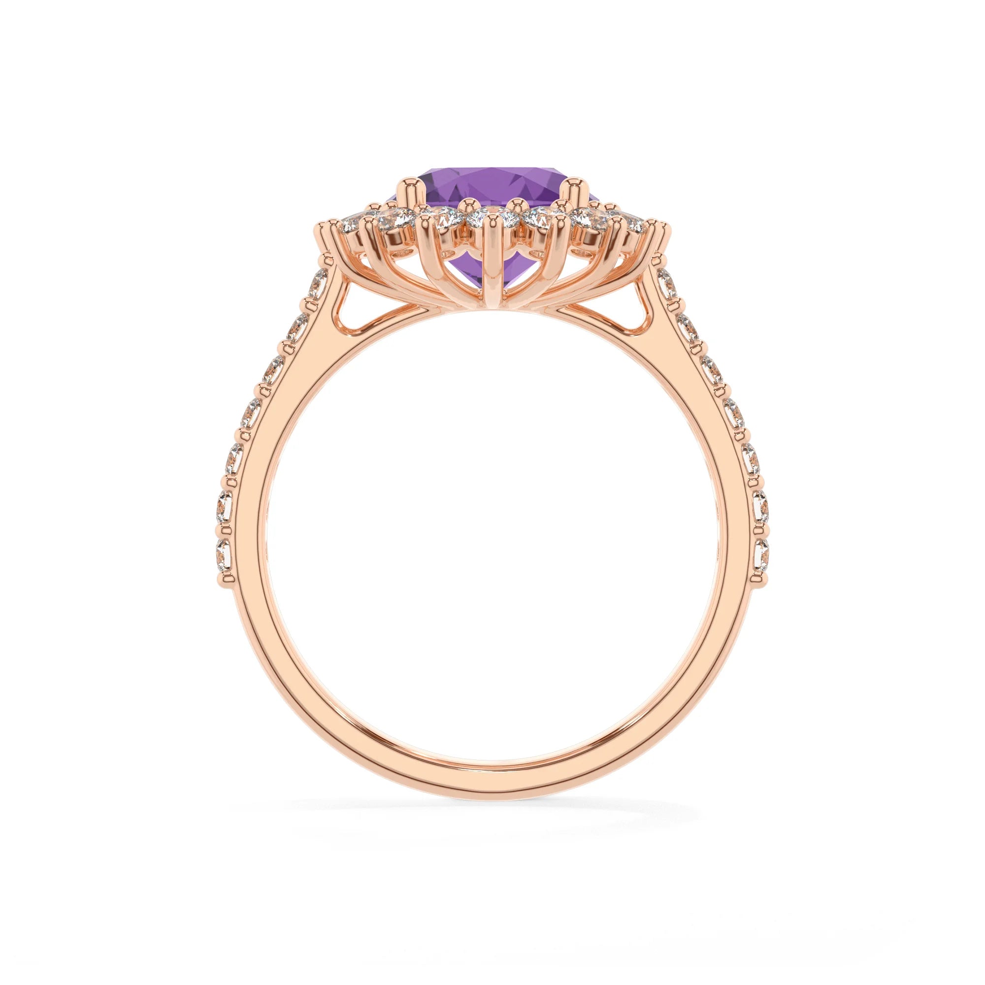 lab grown amethyst round solitaire rings in rose gold 