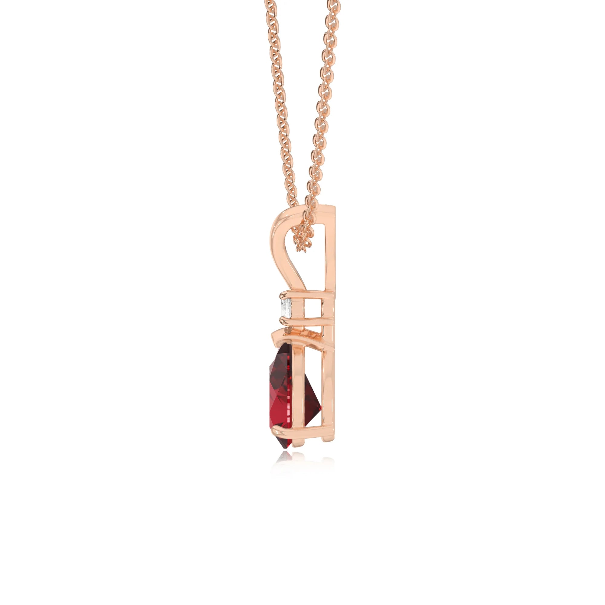 lab grown ruby pear solitaire v-bale necklaces in rose gold 