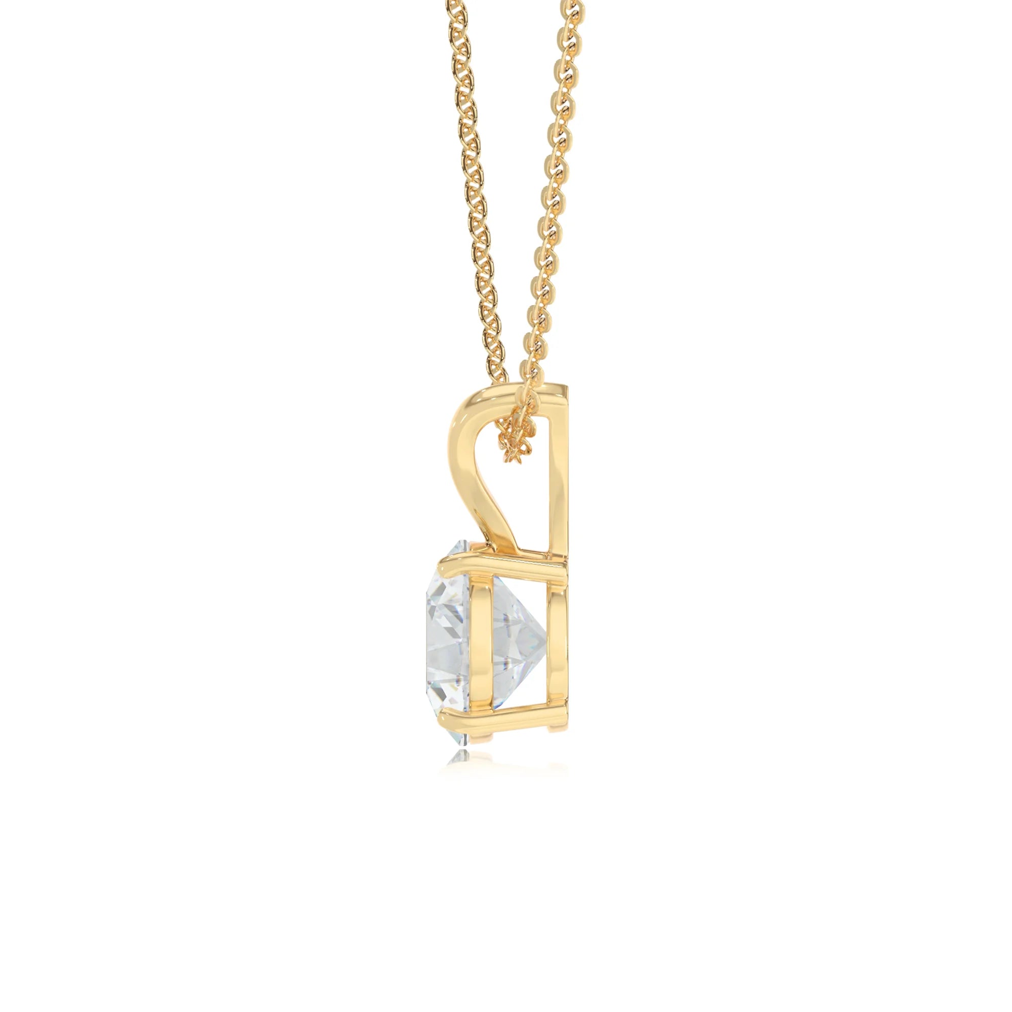 lab grown moissanite round solitaire v-bale necklaces in yellow gold 