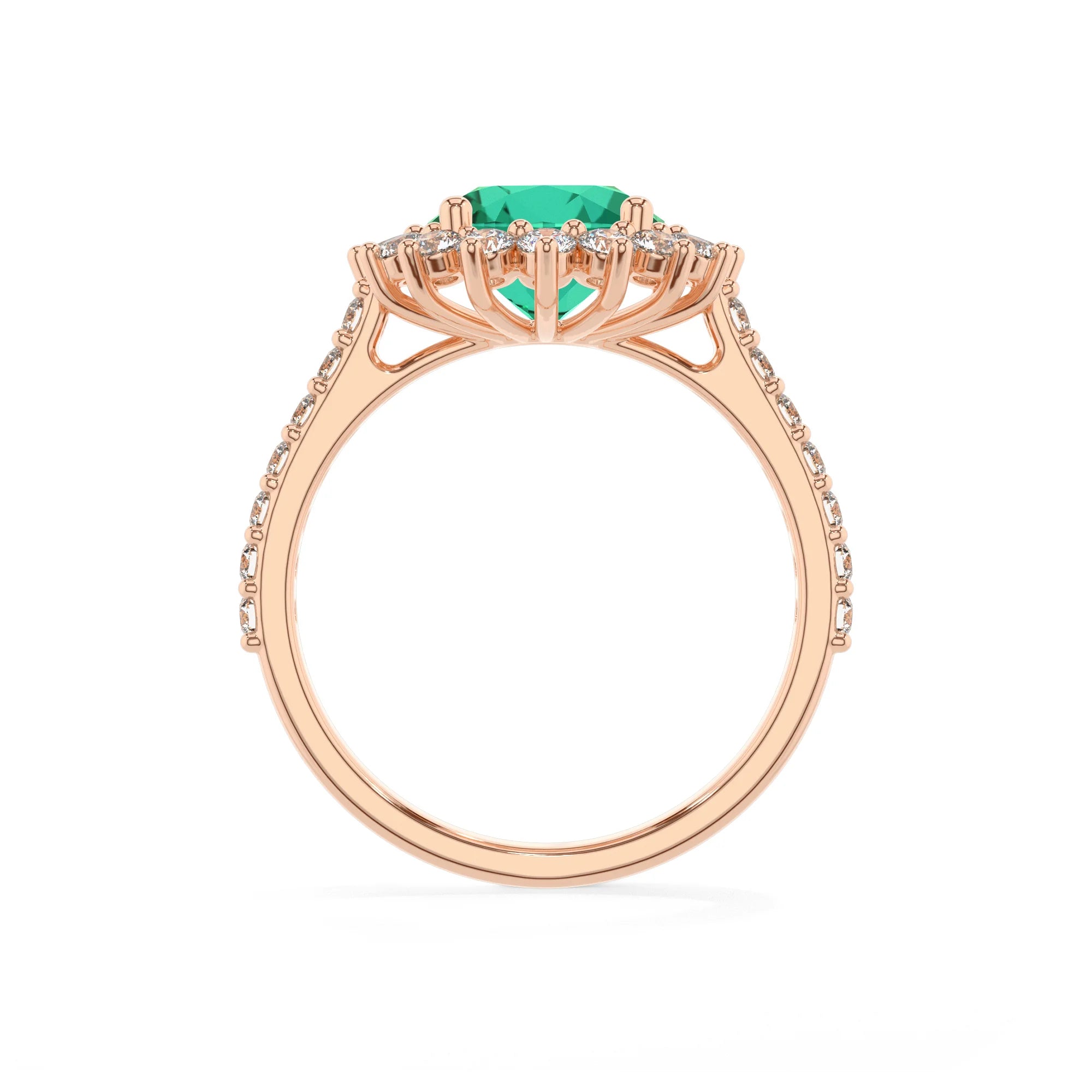 lab grown emerald round solitaire rings in rose gold 