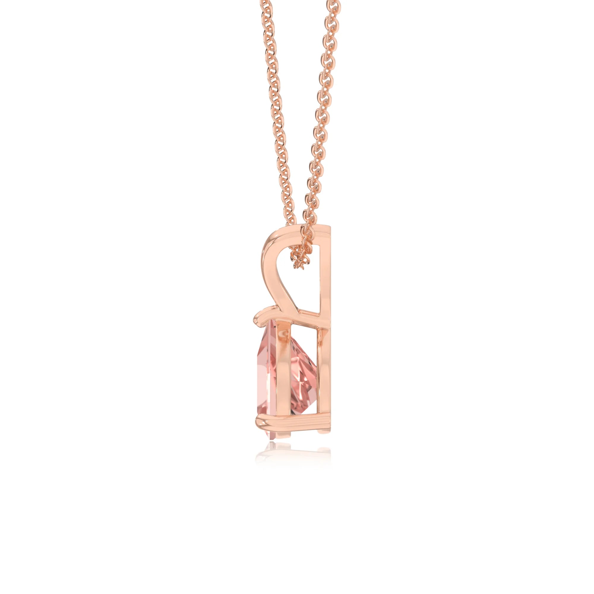 lab grown morganite trillion solitaire v-bale necklaces in rose gold 