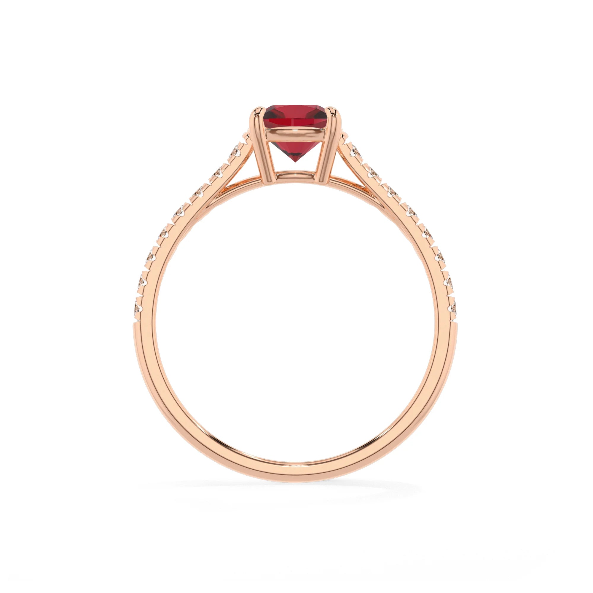 lab grown ruby cushion half eternity solitaire engagement rings in rose gold 