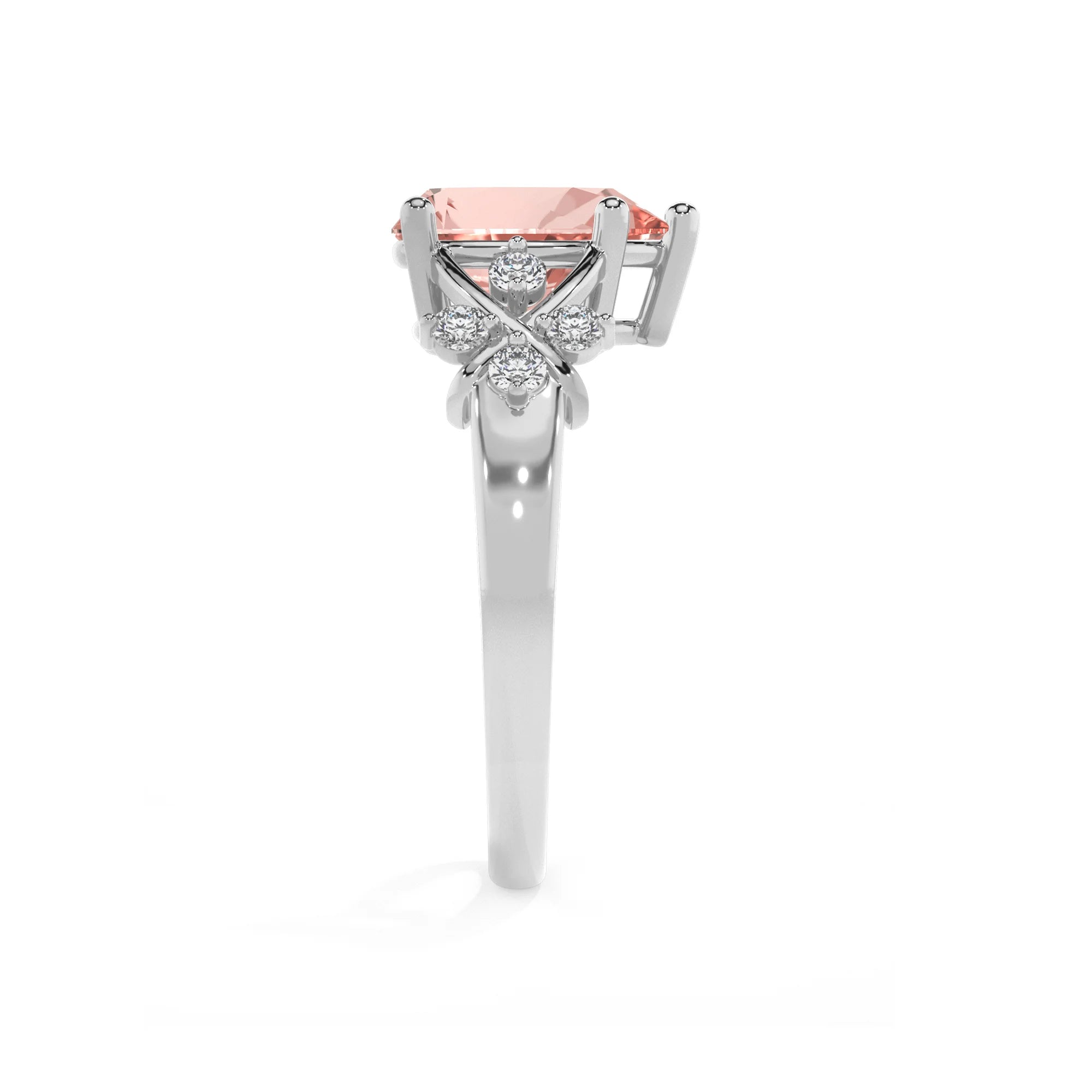 lab grown morganite pear solitaire rings in platinum 
