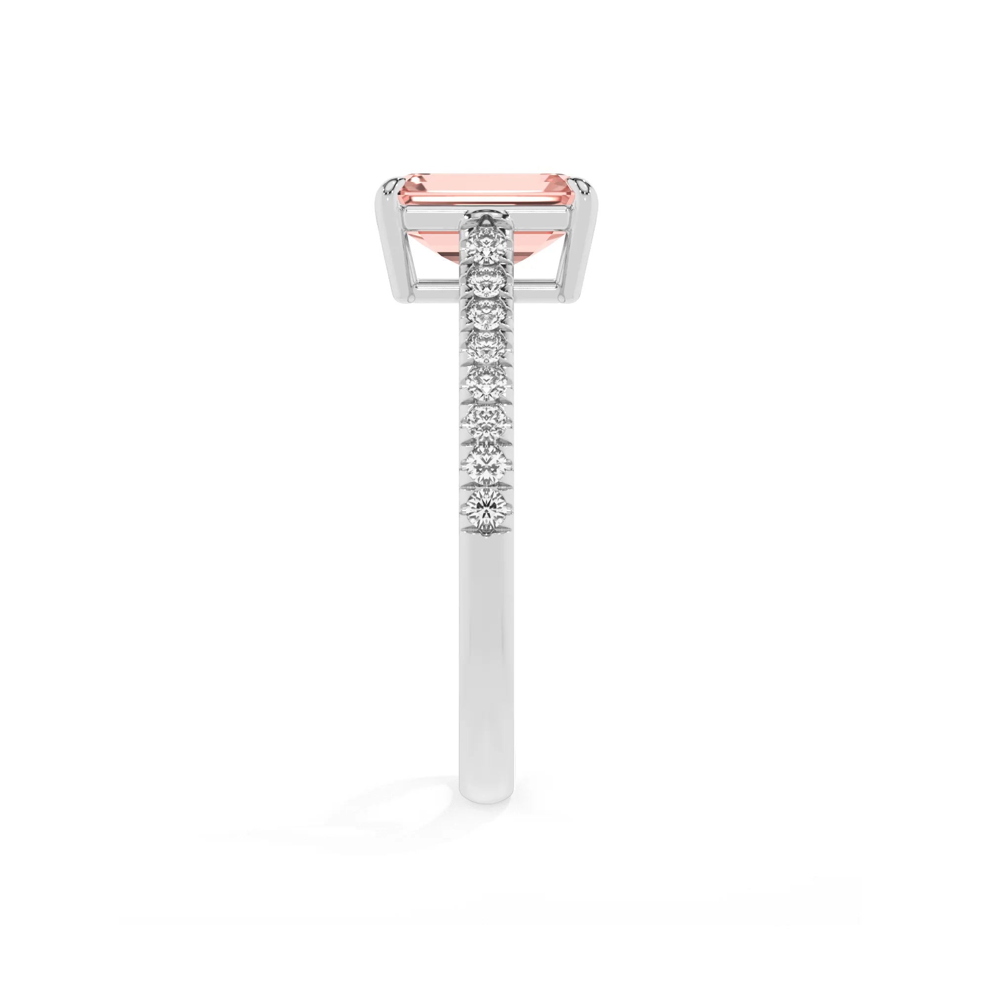 lab grown morganite emerald cut half eternity solitaire engagement rings in white gold 