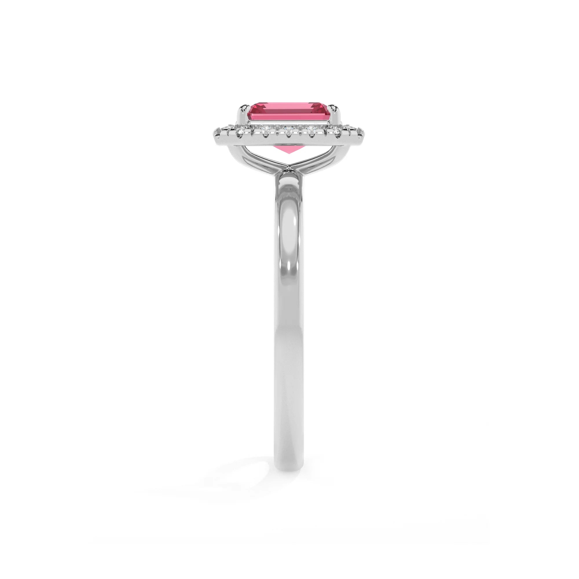 lab grown pink-tourmaline emerald cut solitaire rings in white gold 
