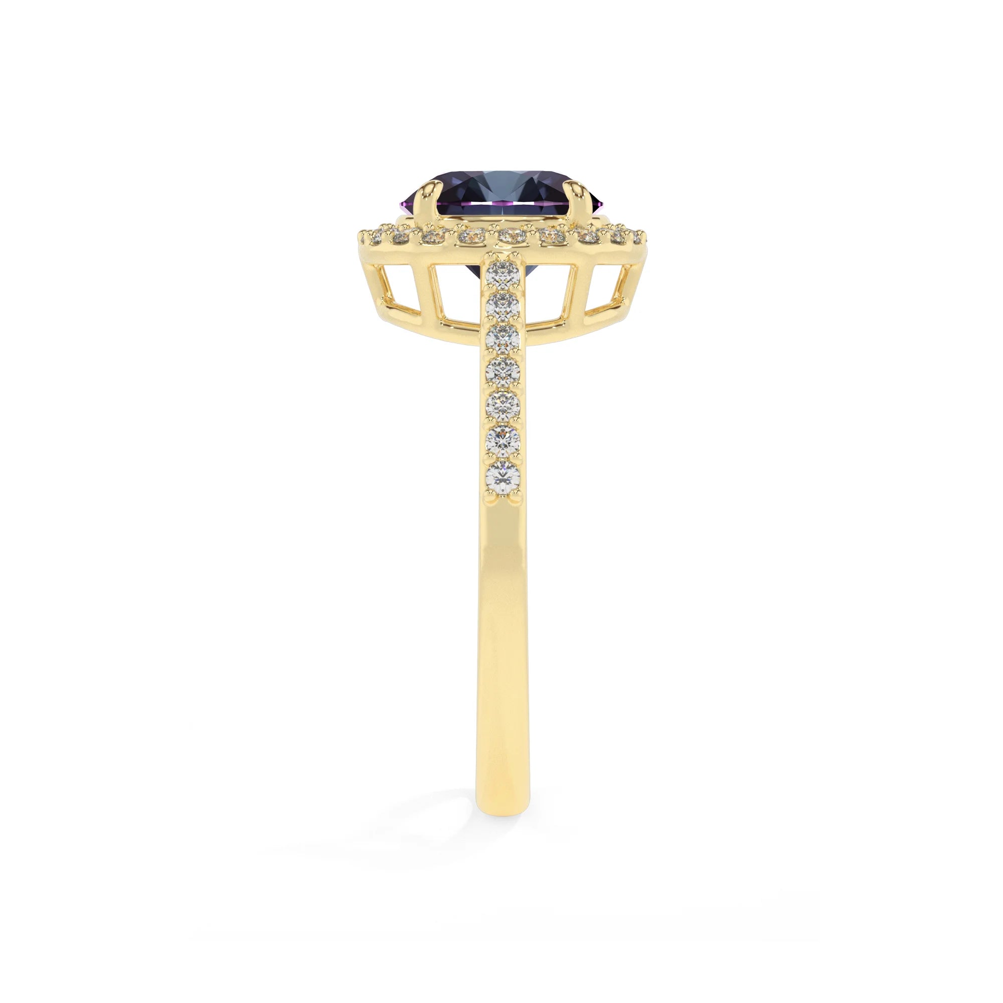 lab grown alexandrite round solitaire rings in yellow gold 