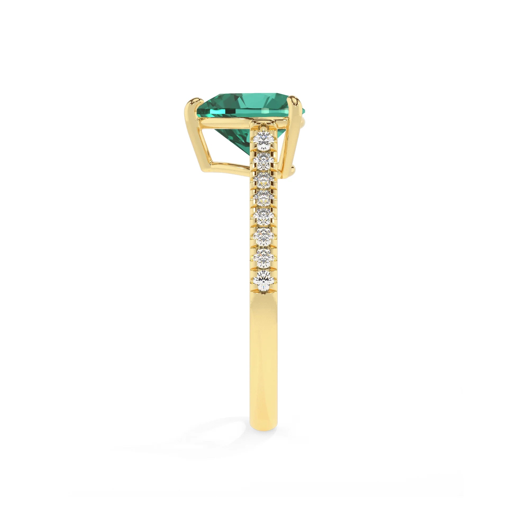 lab grown emerald heart half eternity solitaire engagement rings in yellow gold 