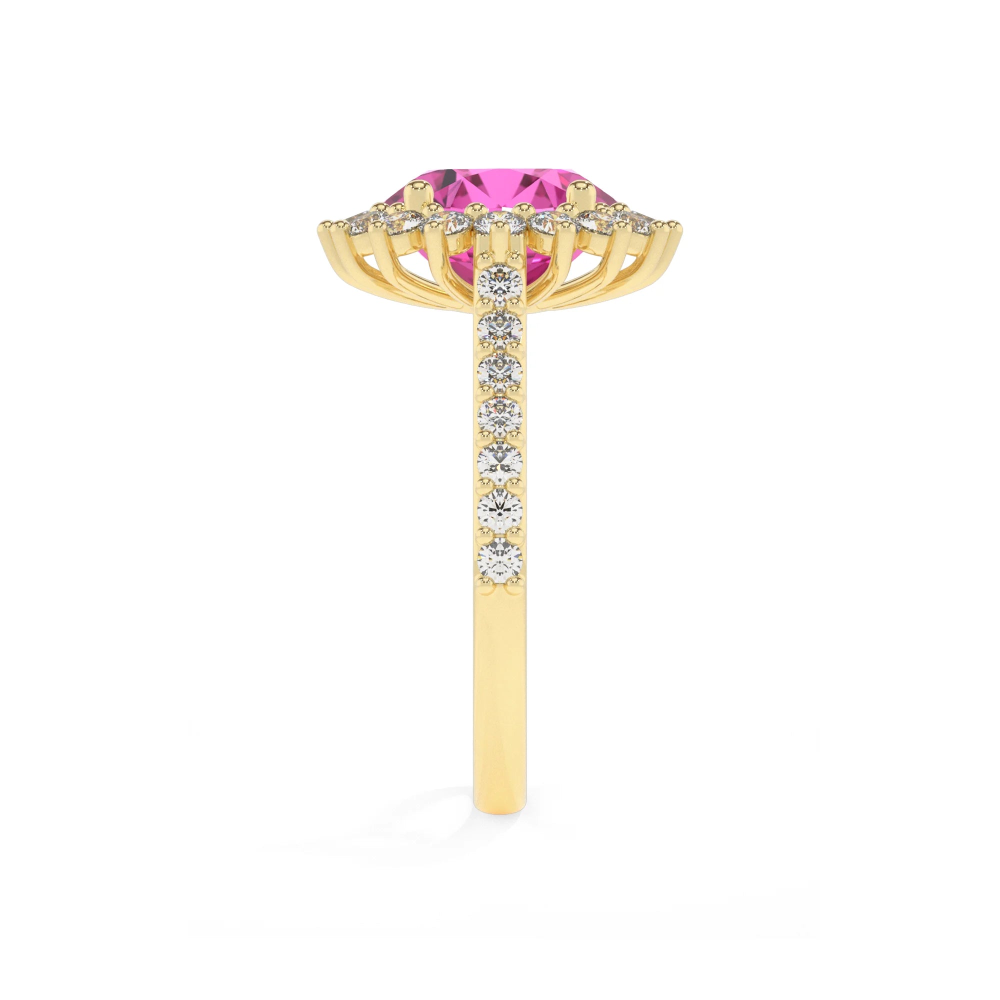 lab grown pink-sapphire round solitaire rings in yellow gold 