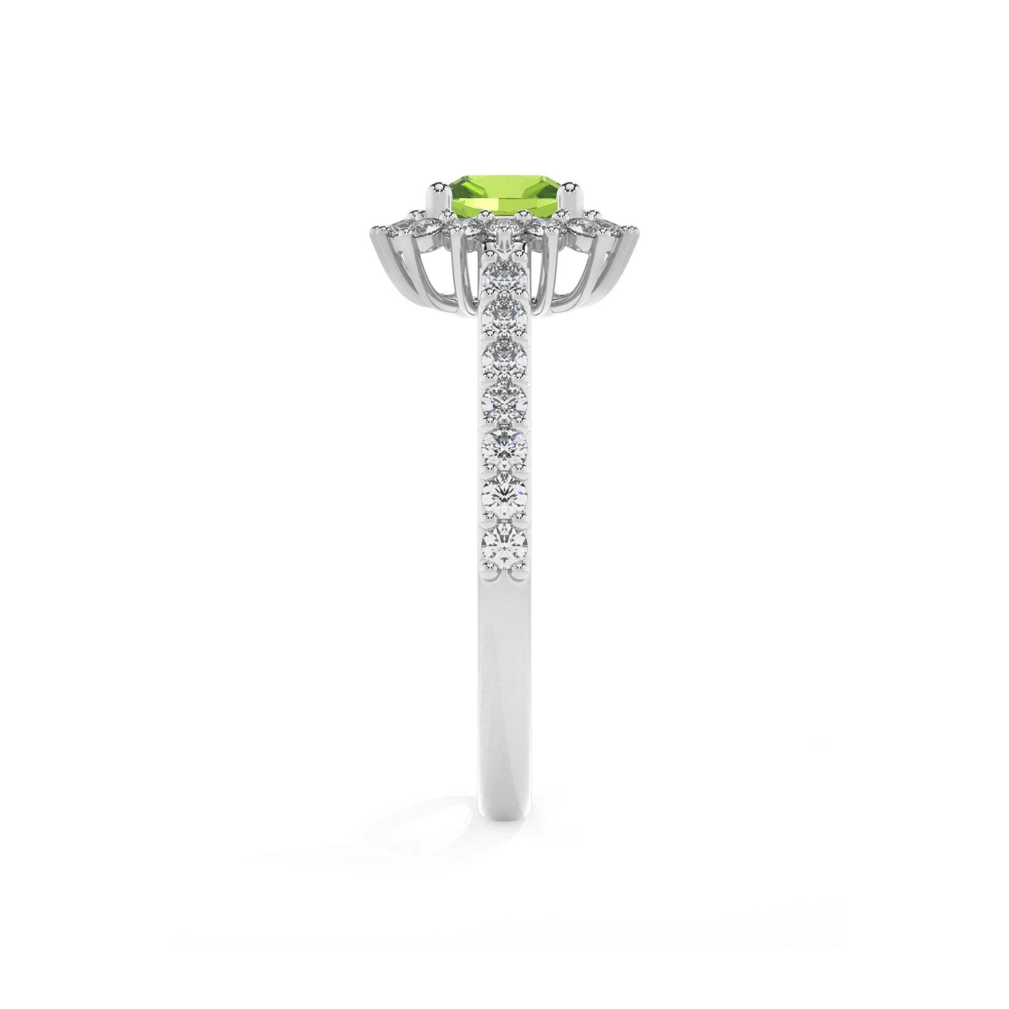 natural peridot cushion solitaire rings in white gold 