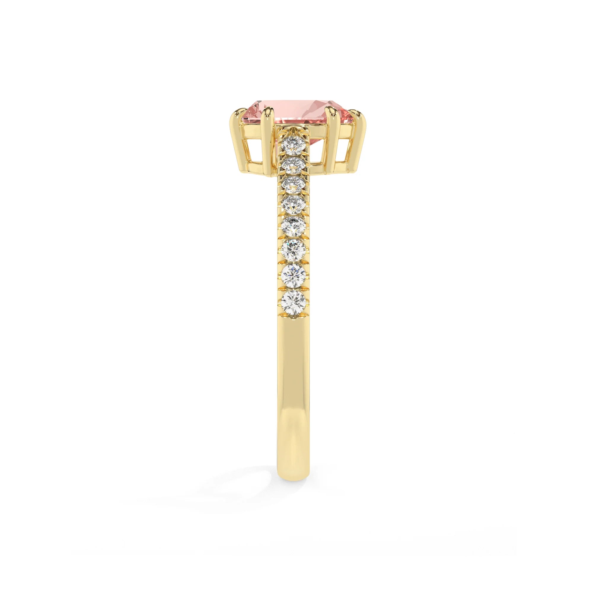 lab grown morganite pear half eternity solitaire engagement rings in yellow gold 