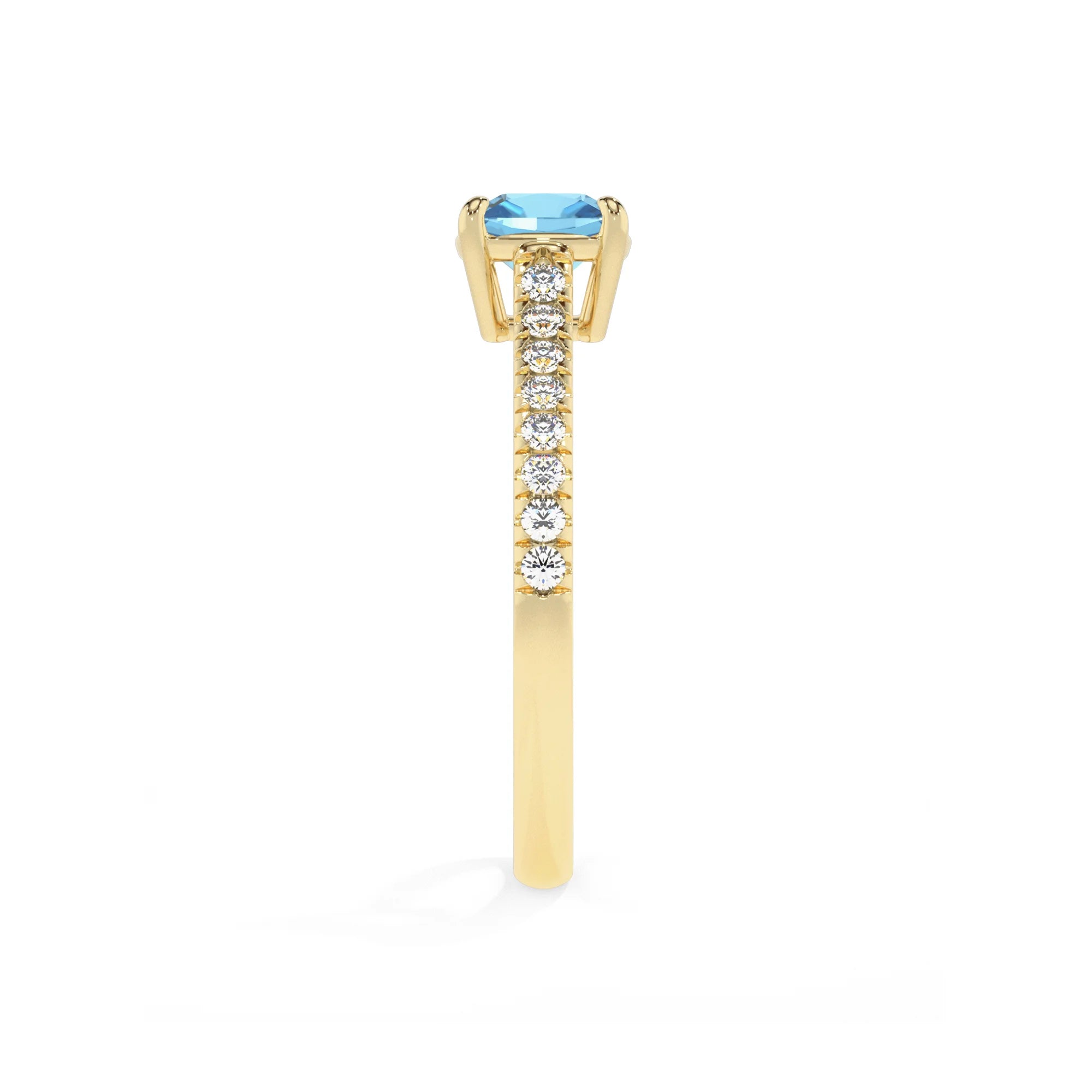 natural swiss-blue-topaz cushion half eternity solitaire engagement rings in yellow gold 
