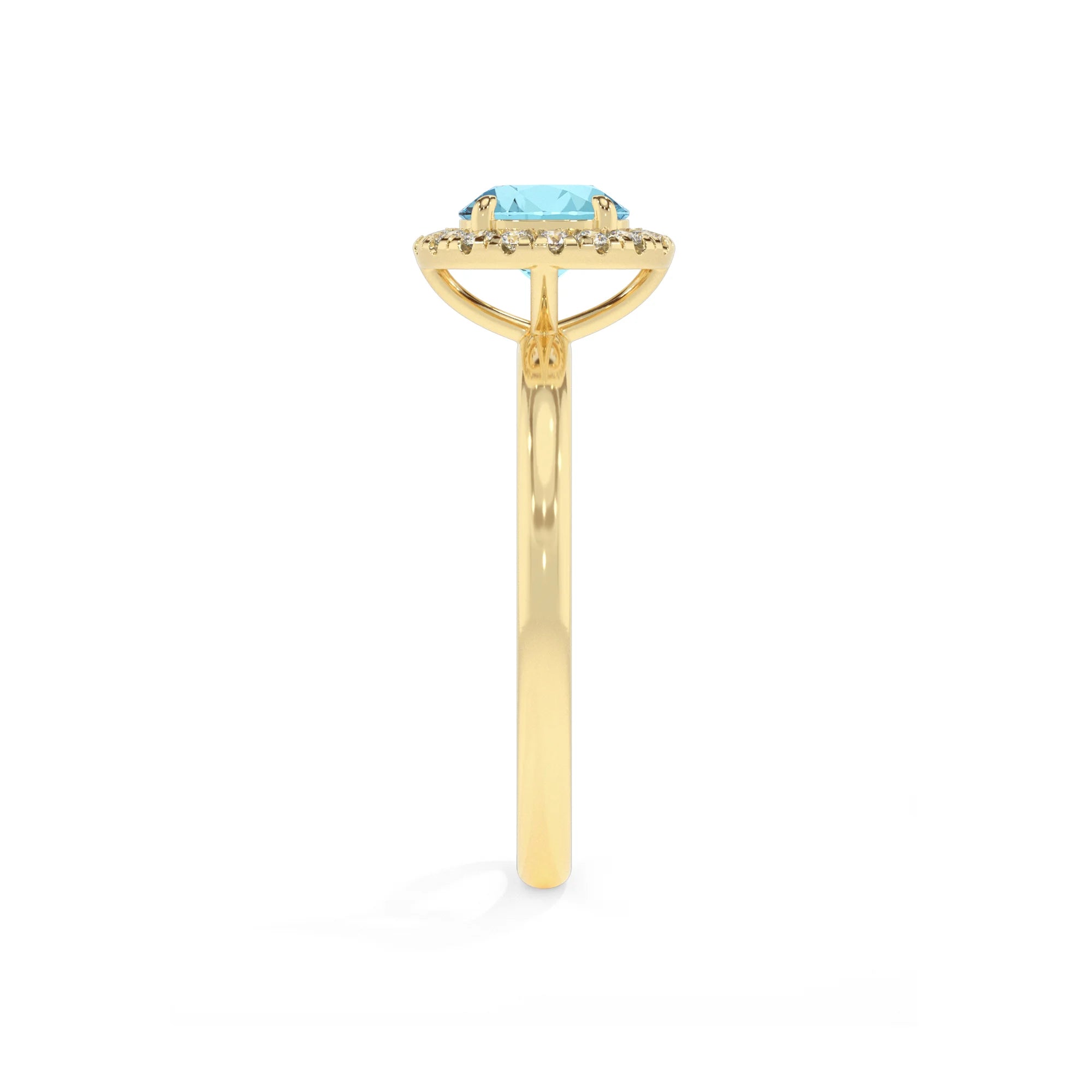 lab grown aquamarine round solitaire rings in yellow gold 