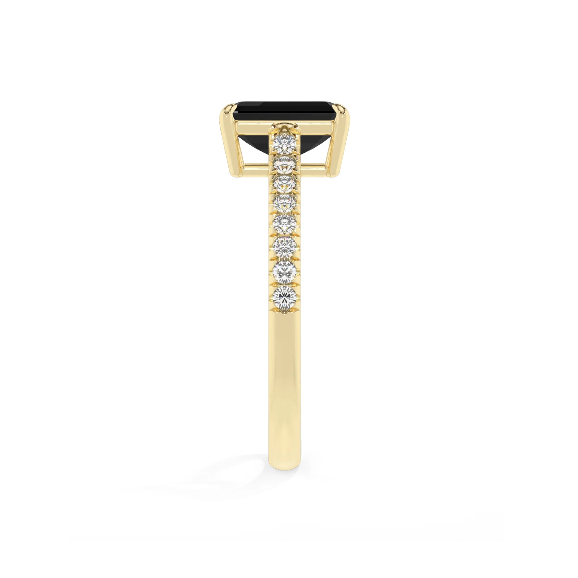 natural black-onyx emerald cut half eternity solitaire engagement rings in yellow gold 
