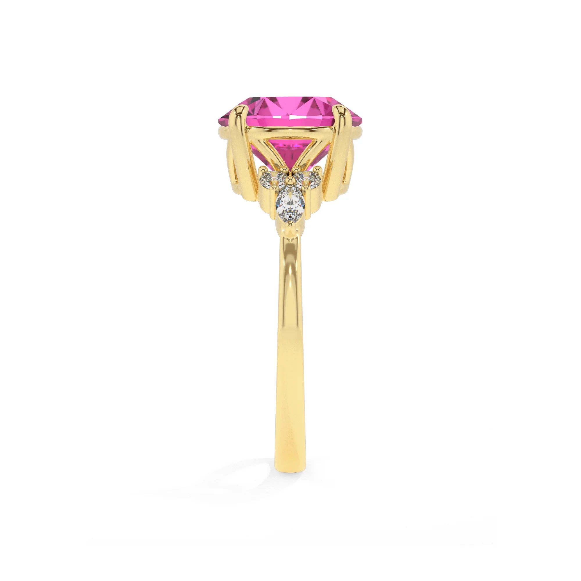 lab grown pink-sapphire round solitaire rings in yellow gold 