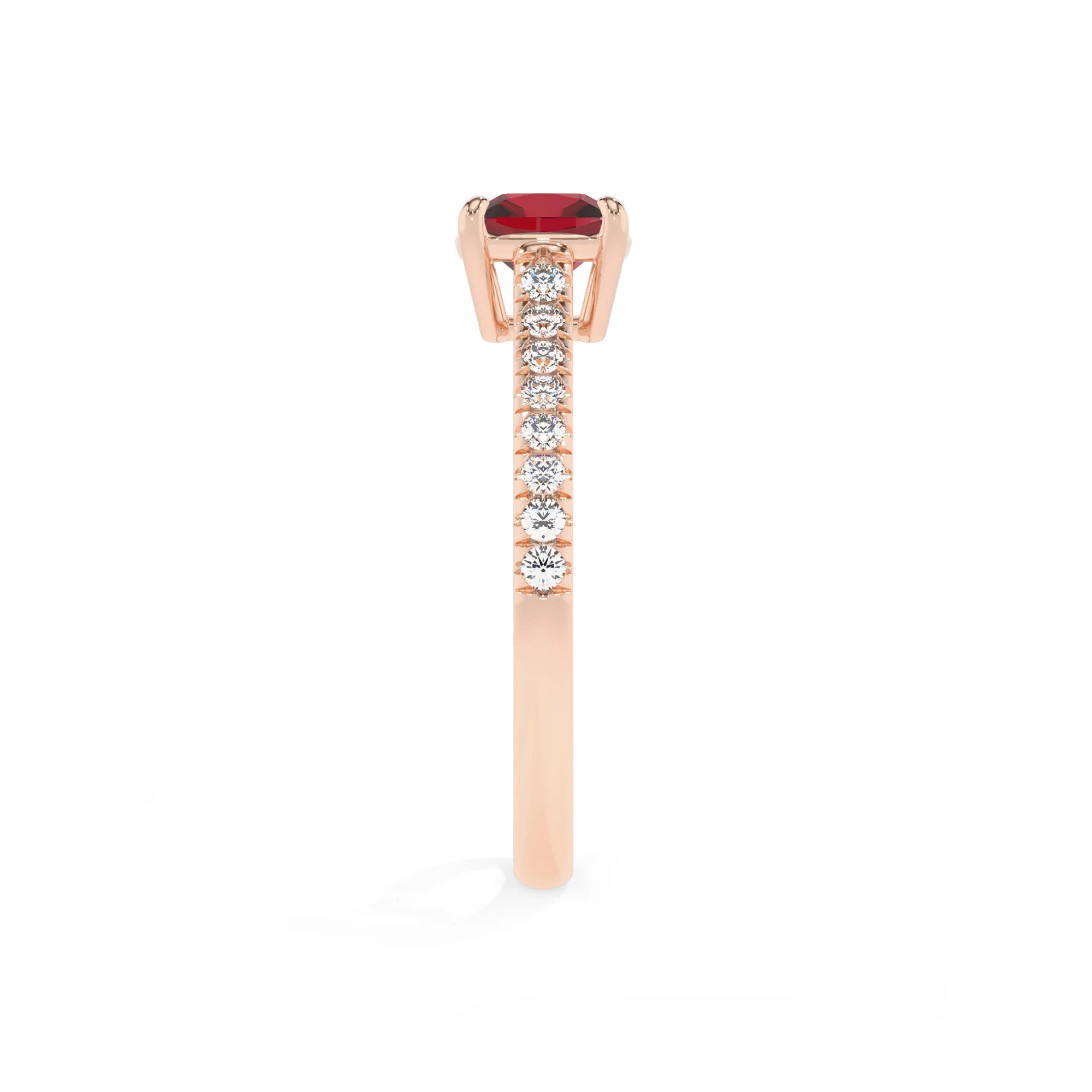 lab grown ruby cushion half eternity solitaire engagement rings in rose gold 