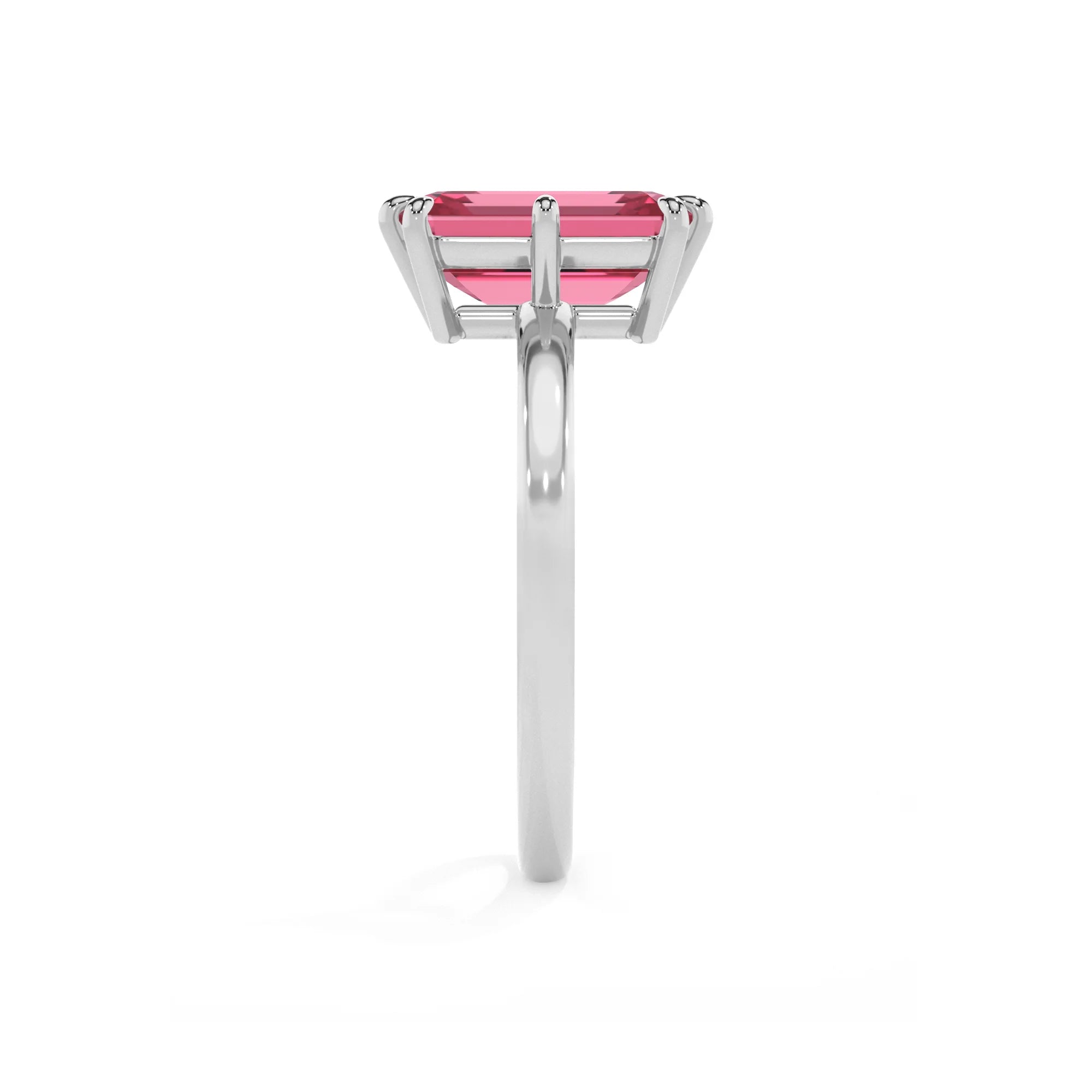 lab grown pink-tourmaline emerald cut solitaire rings in sterling silver 