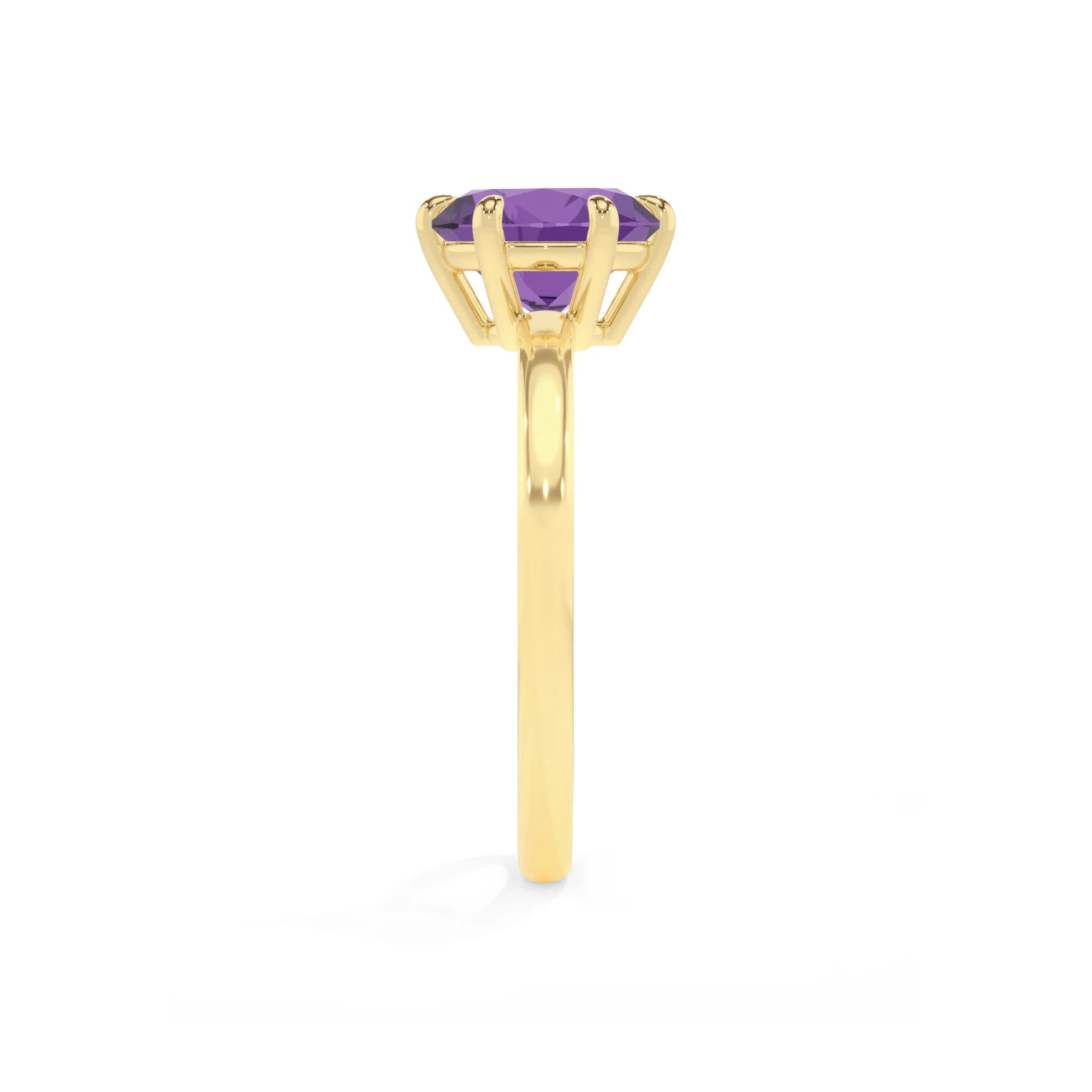 lab grown amethyst round solitaire rings in yellow gold 