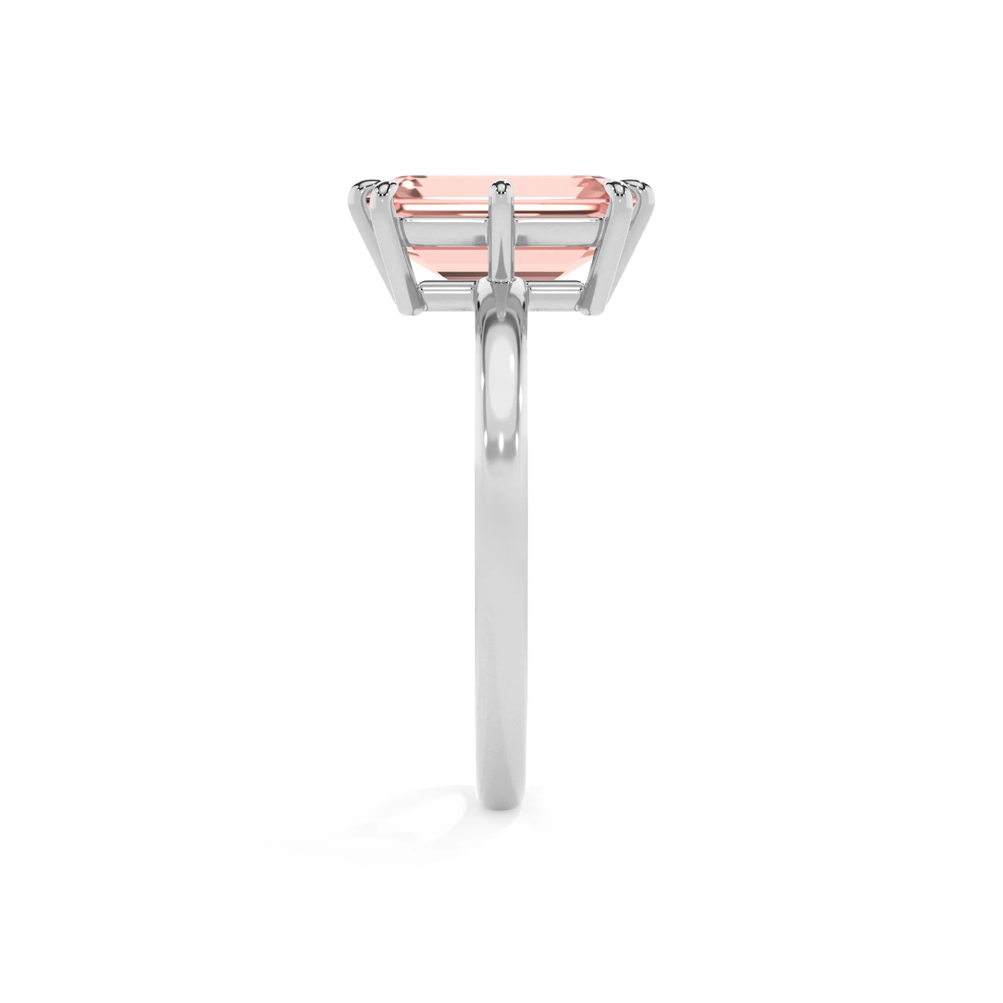 lab grown morganite emerald cut solitaire rings in white gold 
