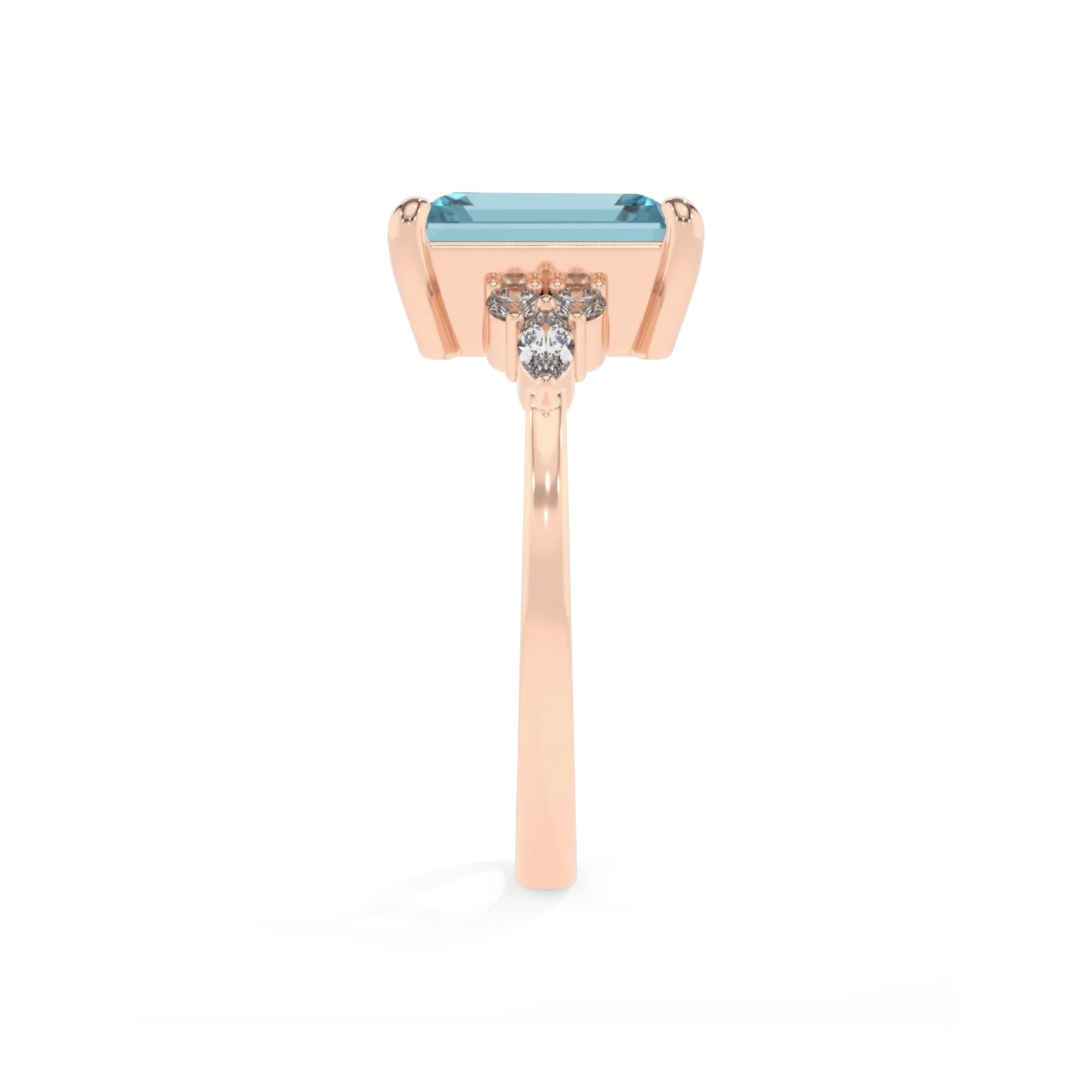 lab grown aquamarine emerald cut solitaire rings in rose gold 