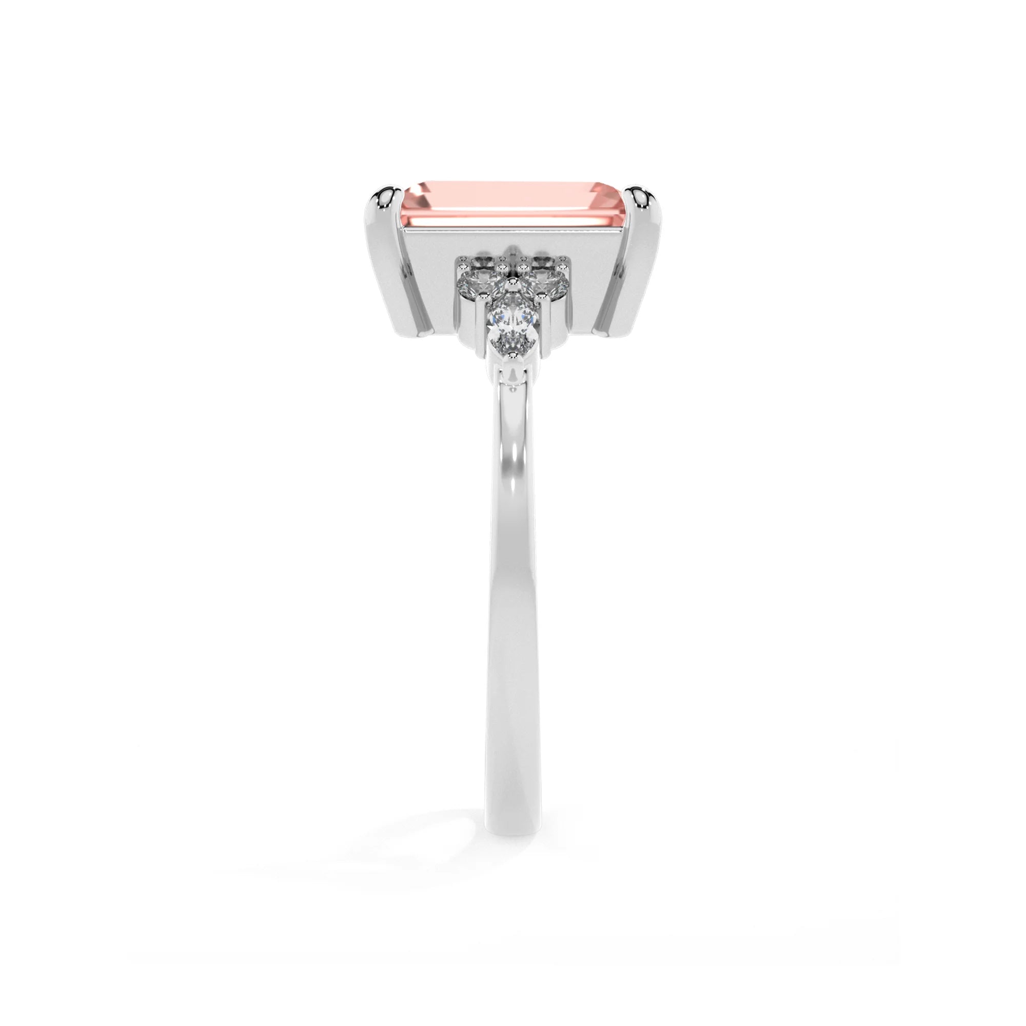 lab grown morganite emerald cut solitaire rings in white gold 